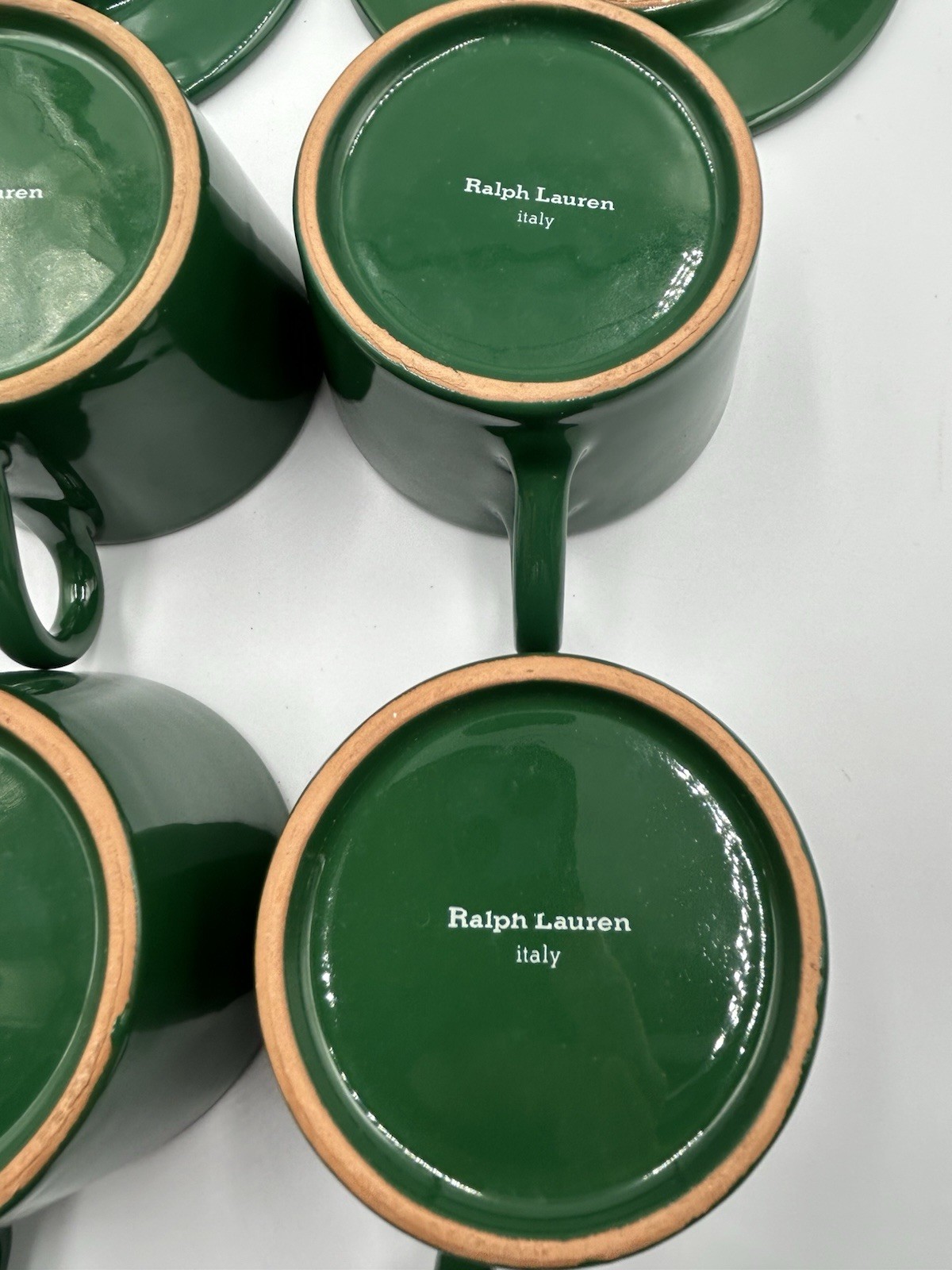 Vintage Ralph Lauren Italy Hunter Green Pottery Tea Cups & Saucers Set 4 Italy