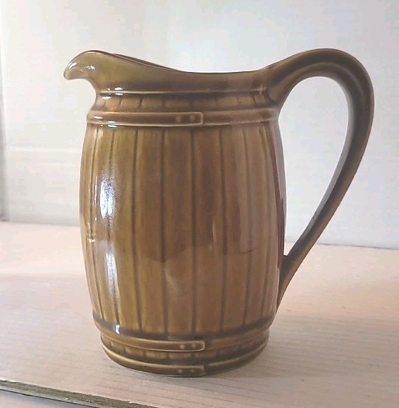 Vintage Uhl Pottery Rustic Brown Barrel Pitcher Stoneware Flaw / Planter Decor