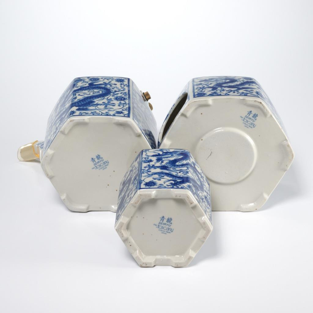 Seiryu Japan Toscany Blue Dragon Teapot Warming Stand Caddy Jar Set Lot
