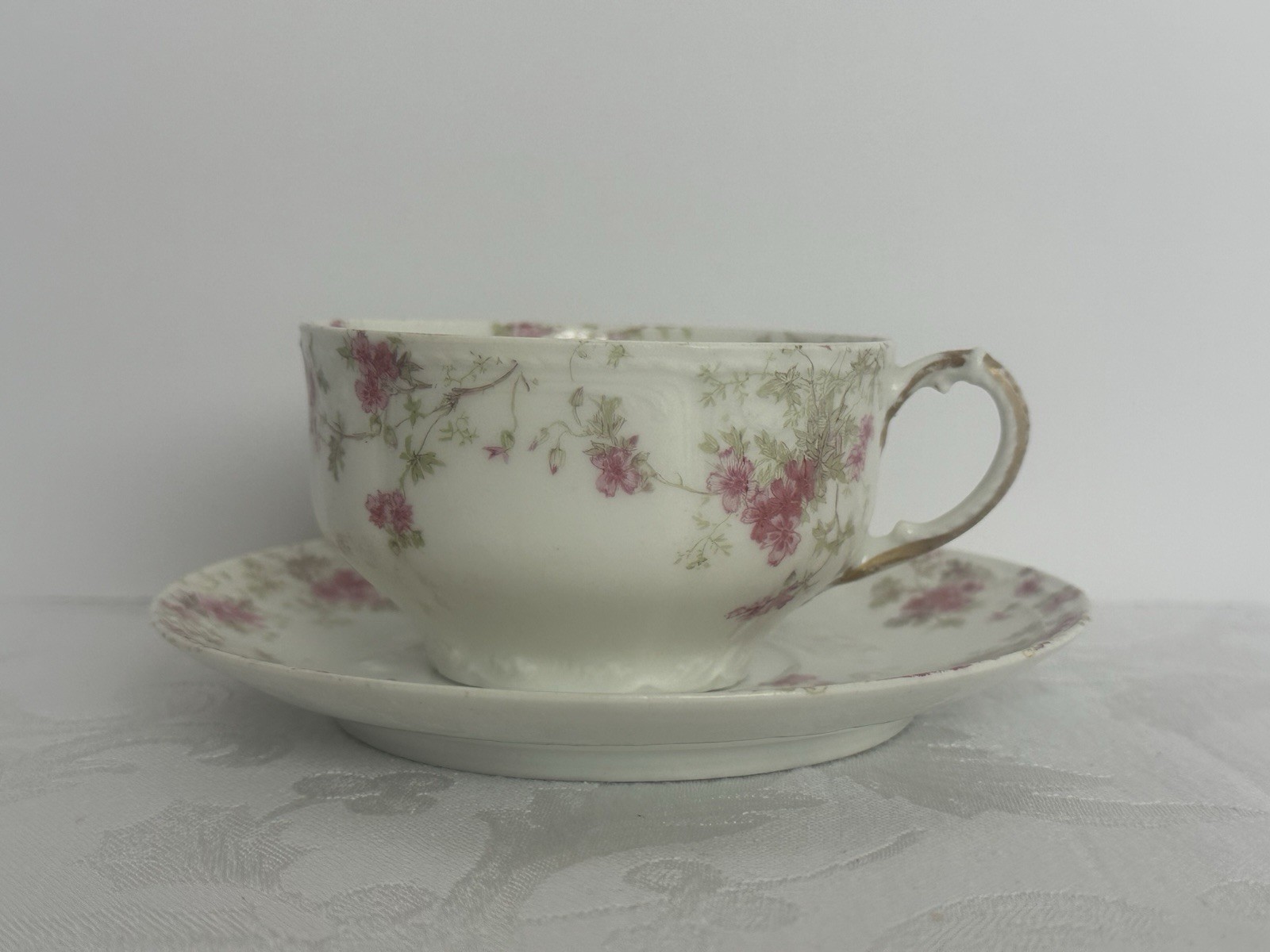 Charles Field Haviland Limoges Embossed Cups And Saucer W/Pink Floral Sprays