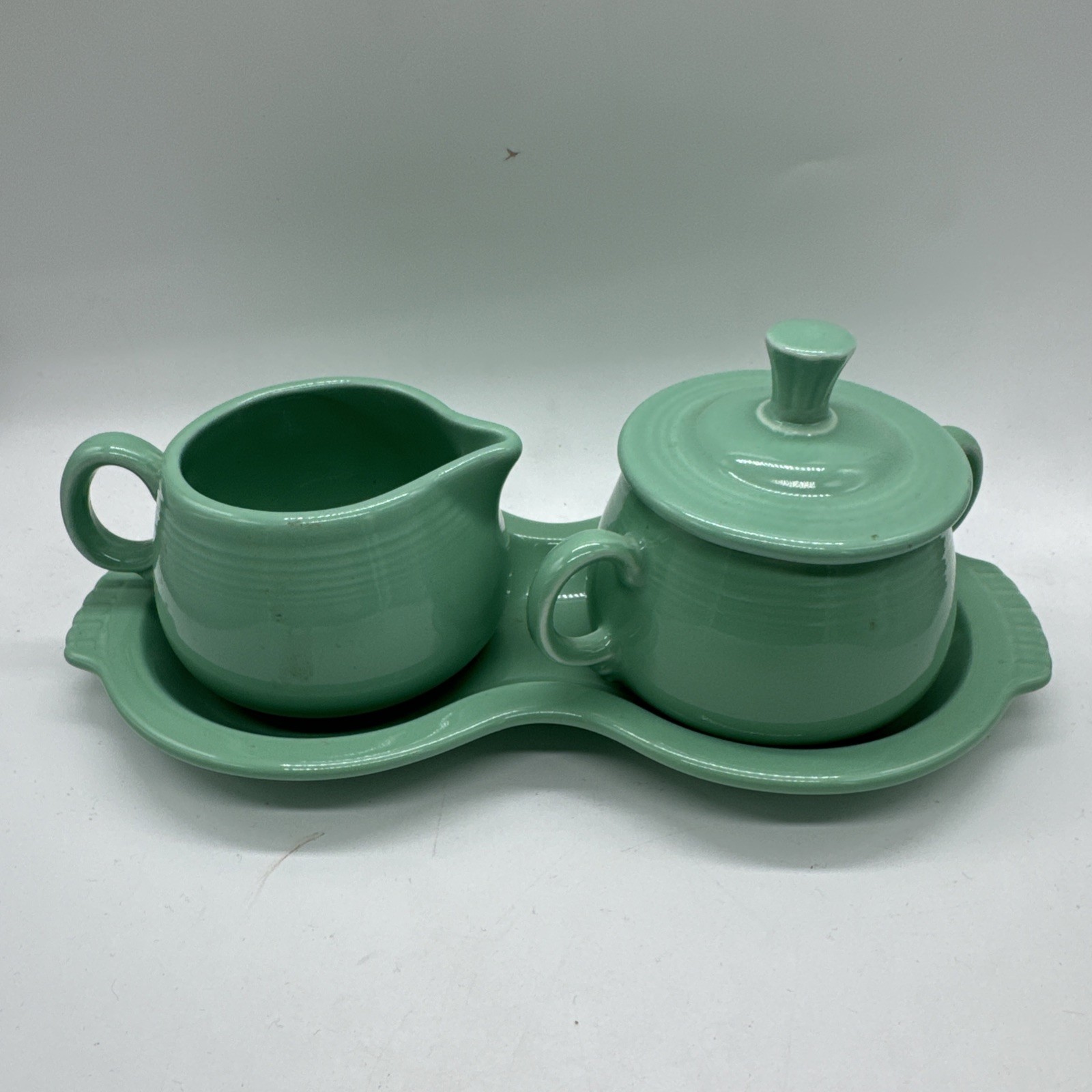Fiesta Homer Laughlin Fiestaware Sugar Creamer & Tray Set Sea Mist Made in USA
