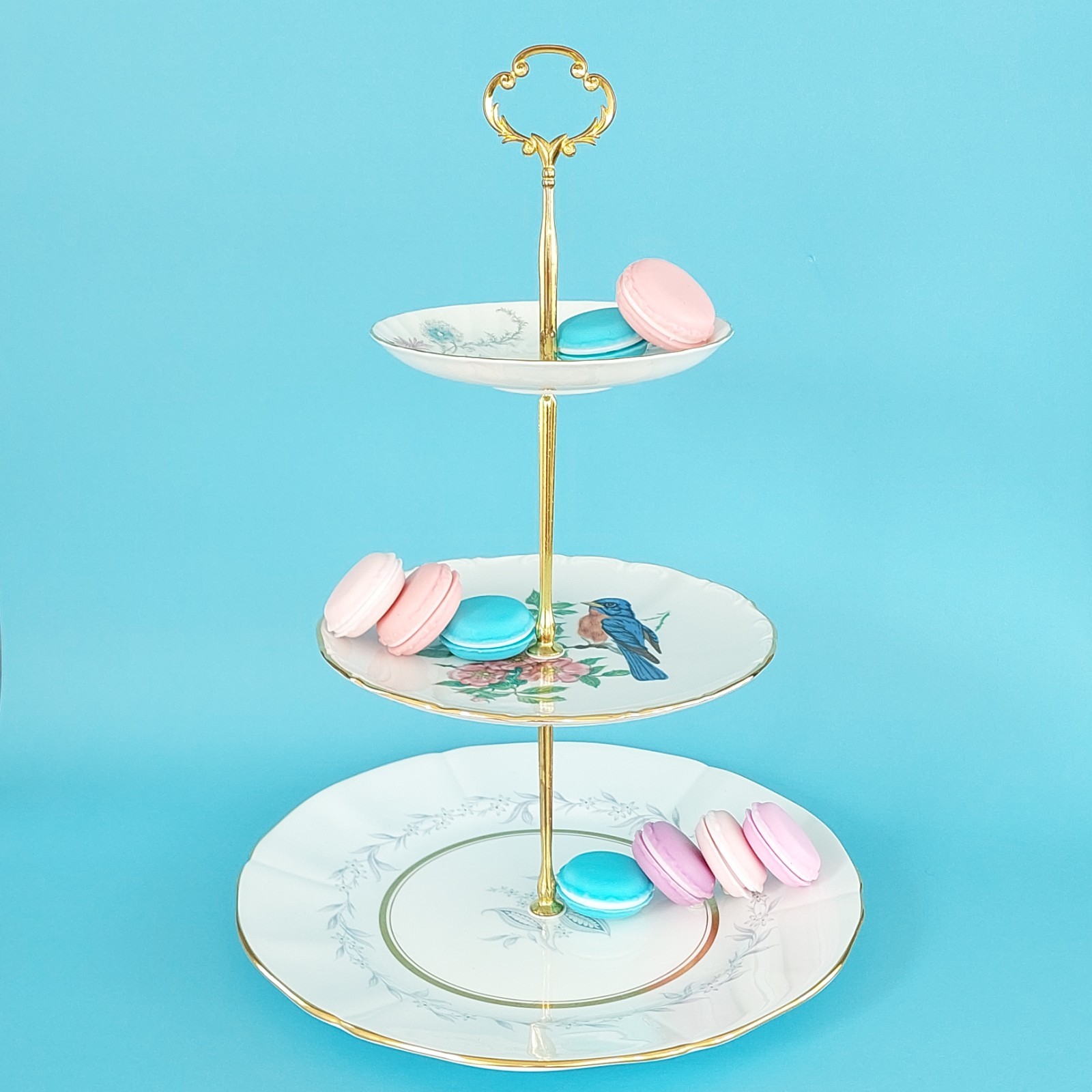 Vintage 3 Tier Cake Stand Bone China Porcelain Bluebird Floral Afternoon Tea