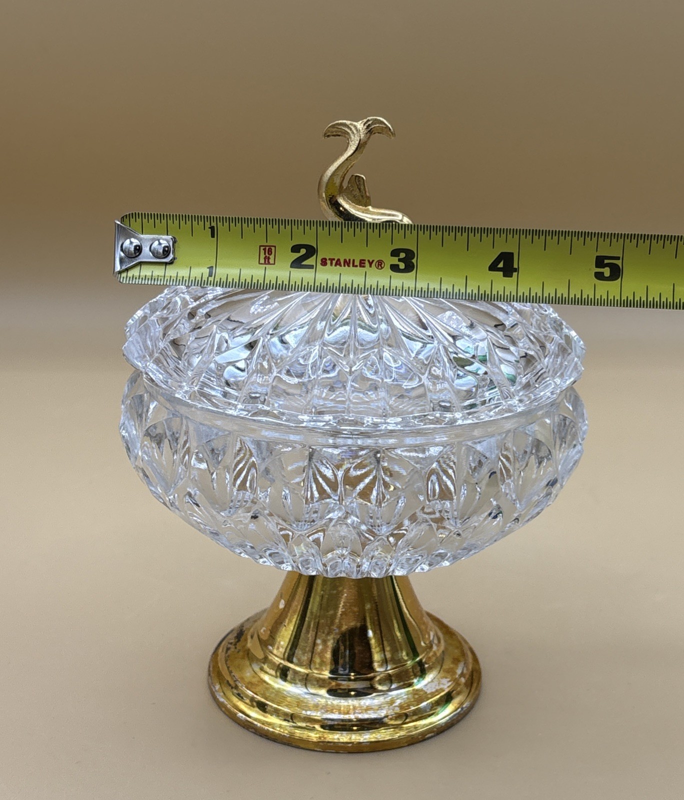 MCM West Germany Hand Cut Crystal Diamond Point Pedestal Compote Dolphin Finial