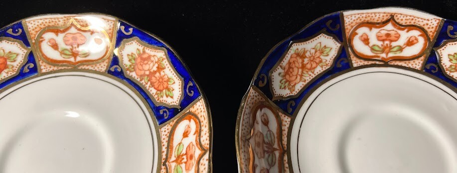 2 Roslyn China Saucers Imari Style R & Co Blue Rust Gold England Fine Bone China