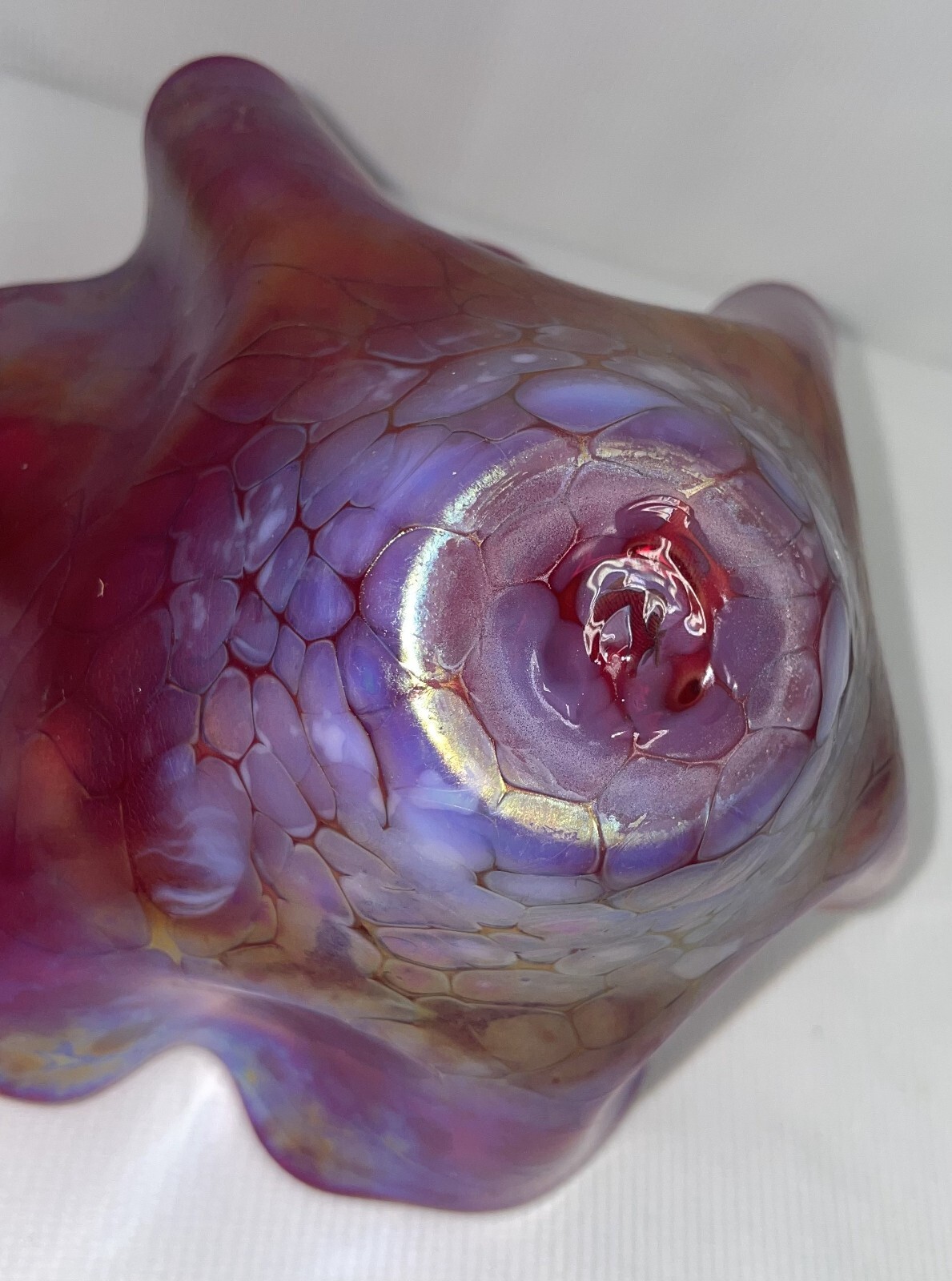 Hand Blown Wavy Edge Iridescent Carnival Glass Bowl Pontil Mark 3 1/2 Inches