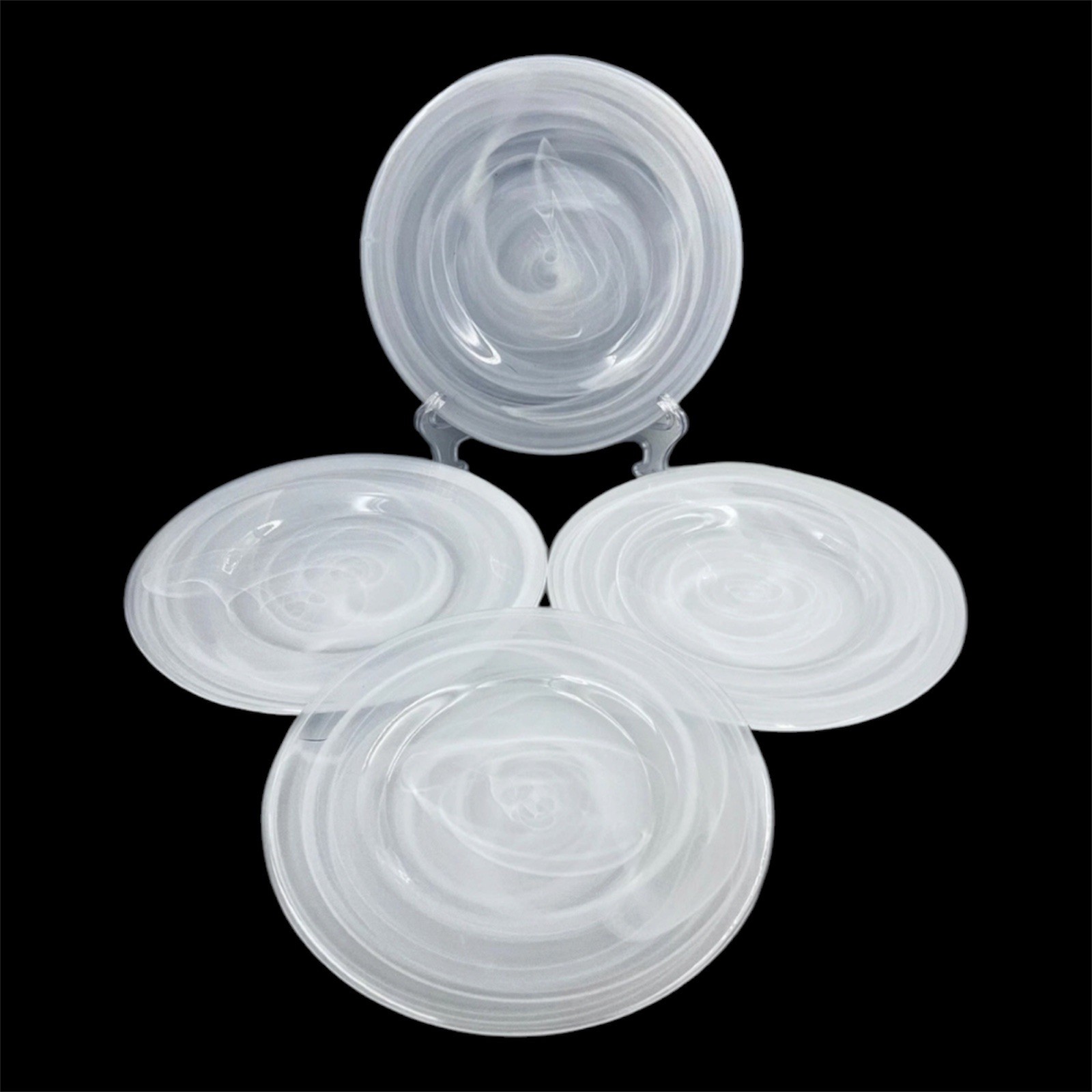 Set of 4 Alabaster White Swirl Glass Salad Dessert Plates 8 3/4 inches