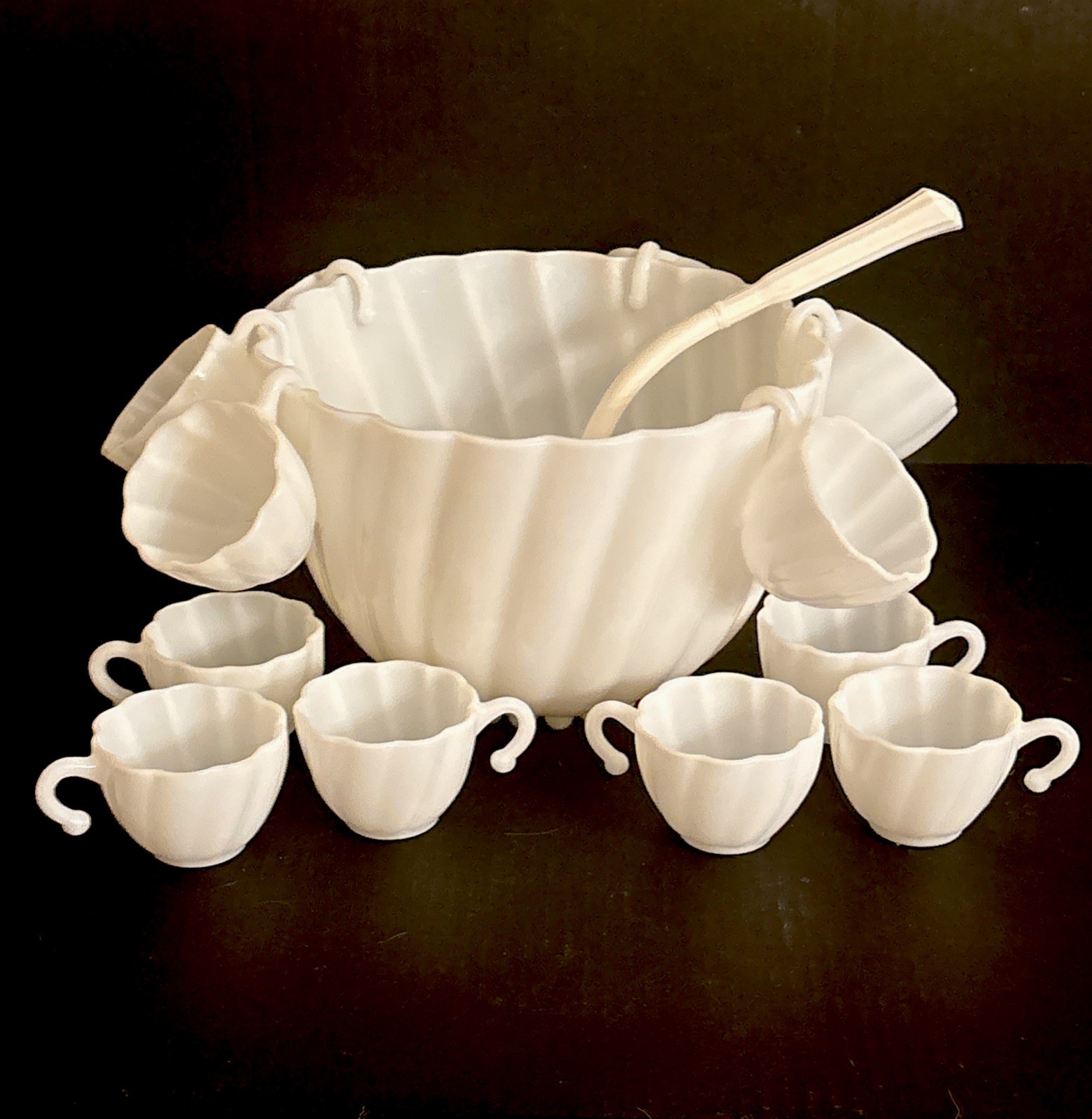 Vtg Hazel Atlas Milk Glass Alpine White Swirl Punch Bowl 12 Cups W Vtg Ladle