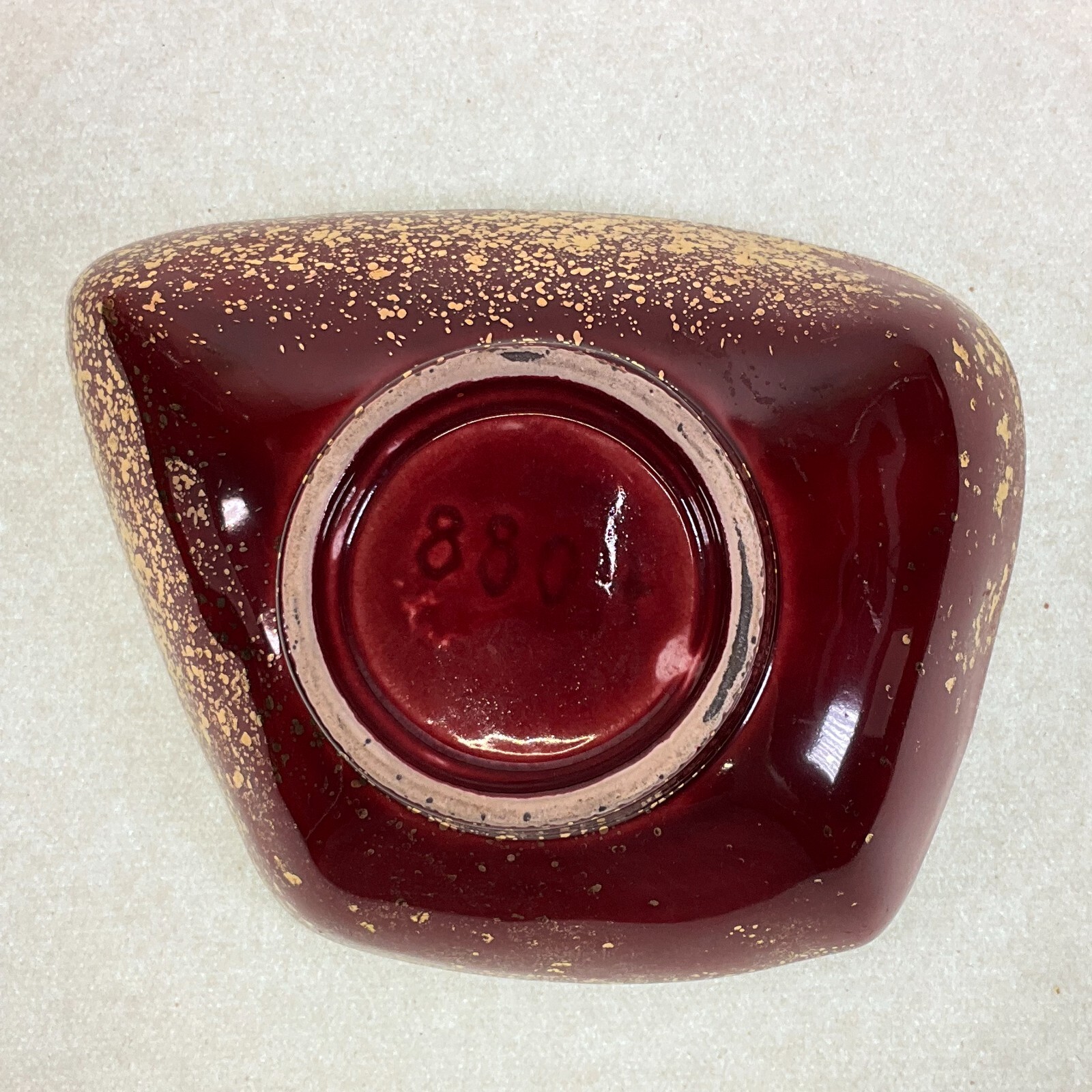 Mid Century Gold Spatter Burgundy Asymmetrical Bowl #8804 Vintage MCM