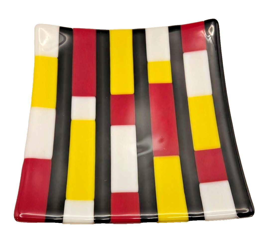 VTG. SIGNED DEBORAH LARWOOD Multicolor MONDRIAN Fused Art Glass Square Plate 8X8