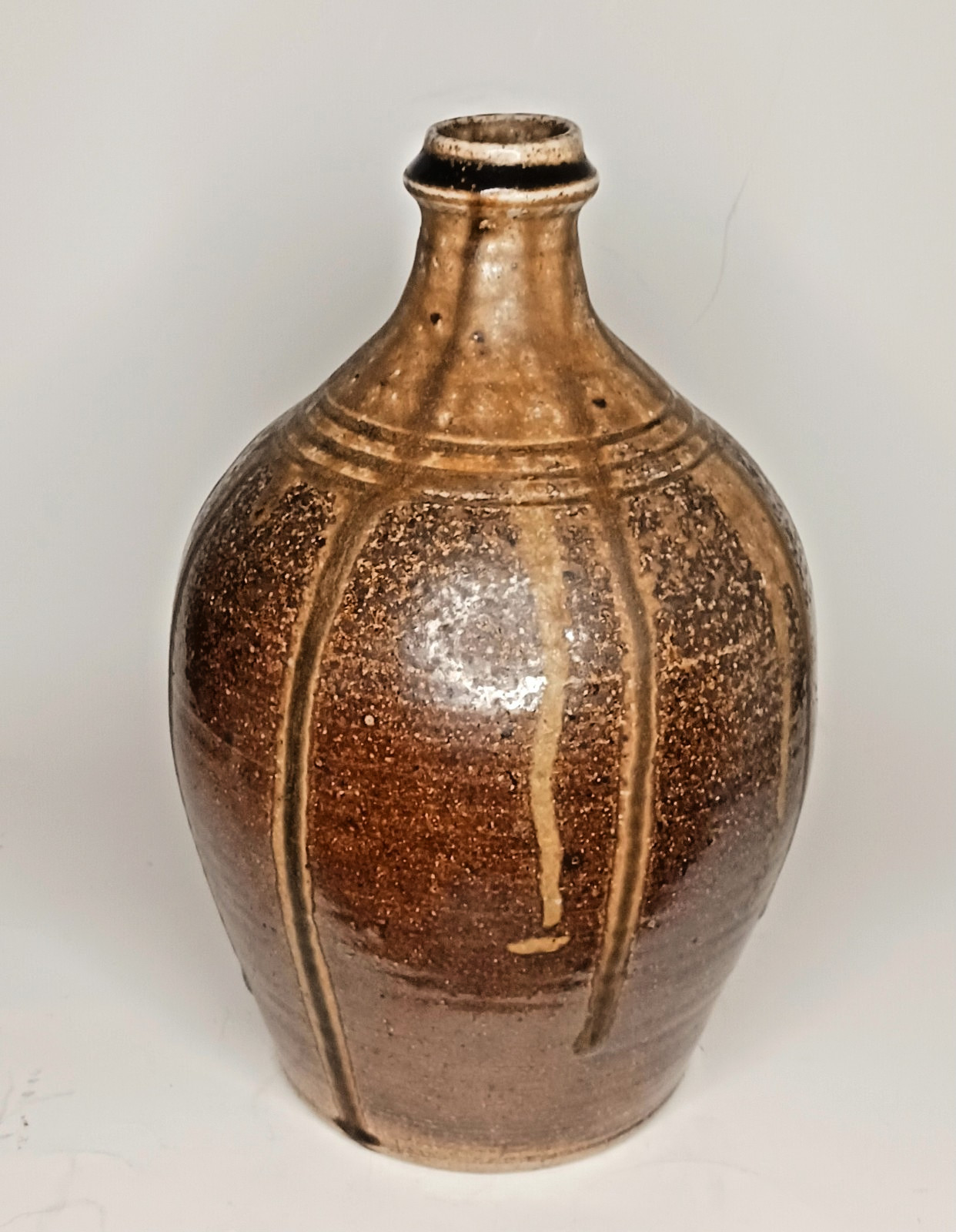 10” Jugtown Pottery Signed PAMELA OWENS Drip Glaze Stoneware Jug Brown. 1998