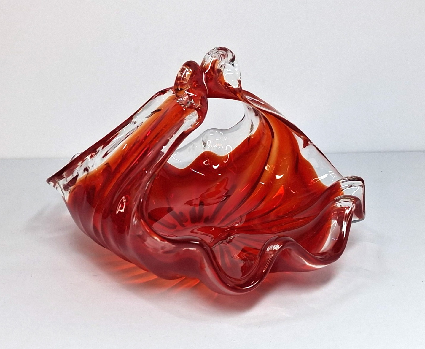 Vintage MCM Art Glass Free Form Handled Bon Bon Dish Red Persimmon Crystal Clear