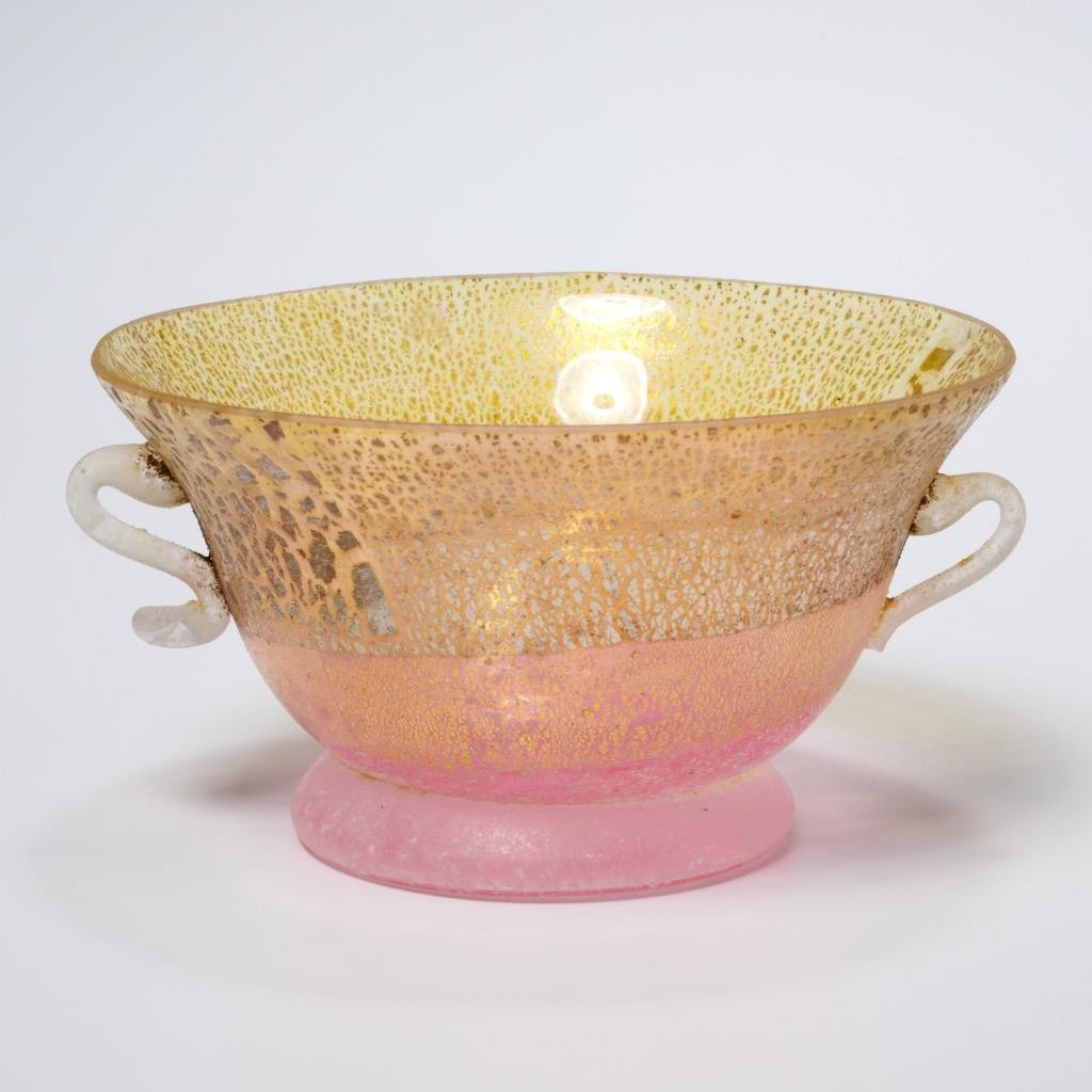 Gambaro Poggi Small Pink Aventurine Footed Handled Glass Bowl Murano 4.25″dia