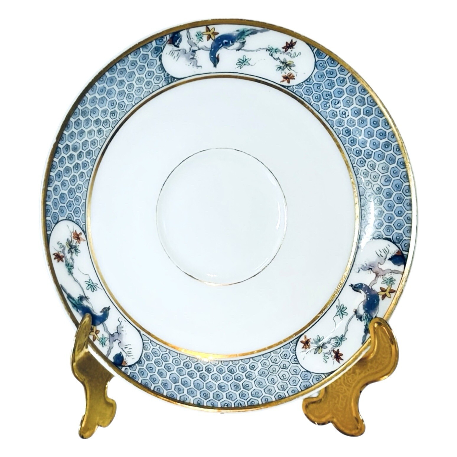 Antique Theodore Haviland MONTMERY BIRDS Peacock Blue Hexagon Saucer Limoges