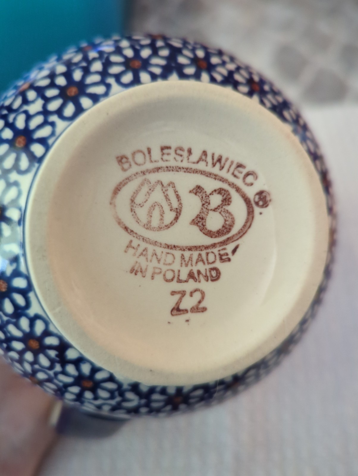 Boleslawiec Polish Pottery Hearts, Blue & White 24 Oz. Milk/Water Pitcher 5.25″