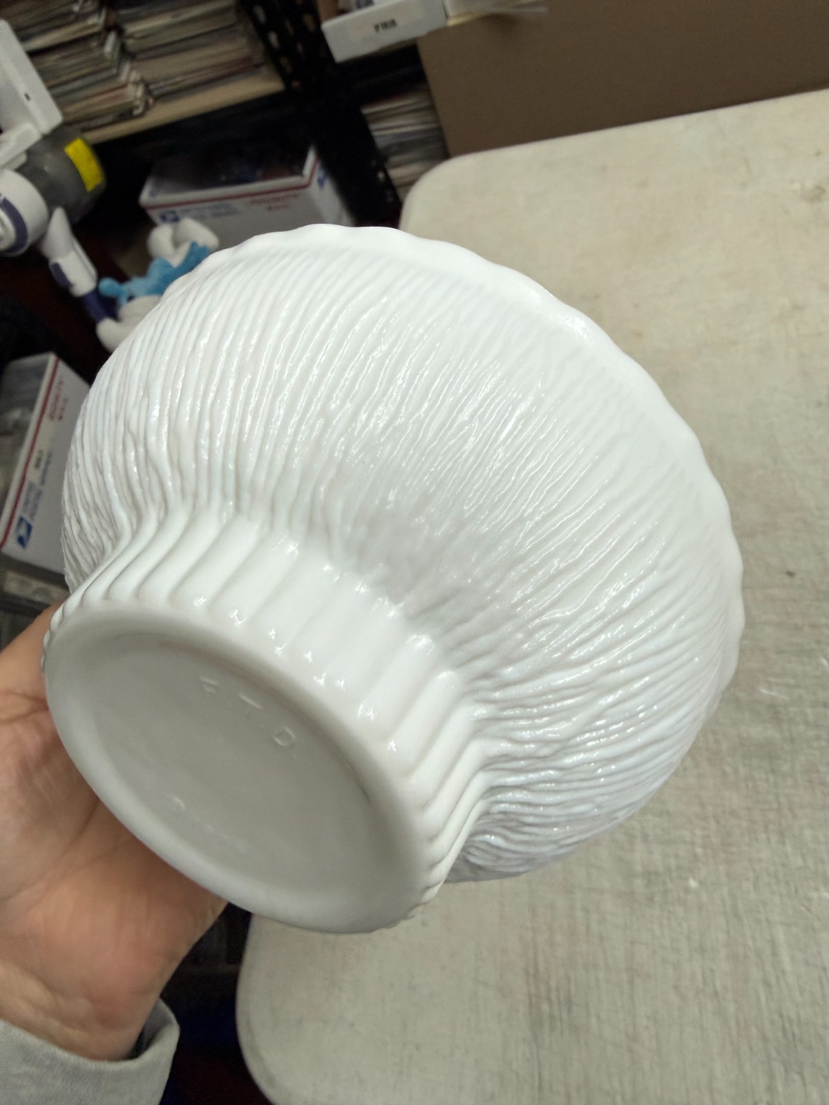 Vintage 1975 F.T.D. White Milk Glass Planter Bowl Textured Bark Pattern