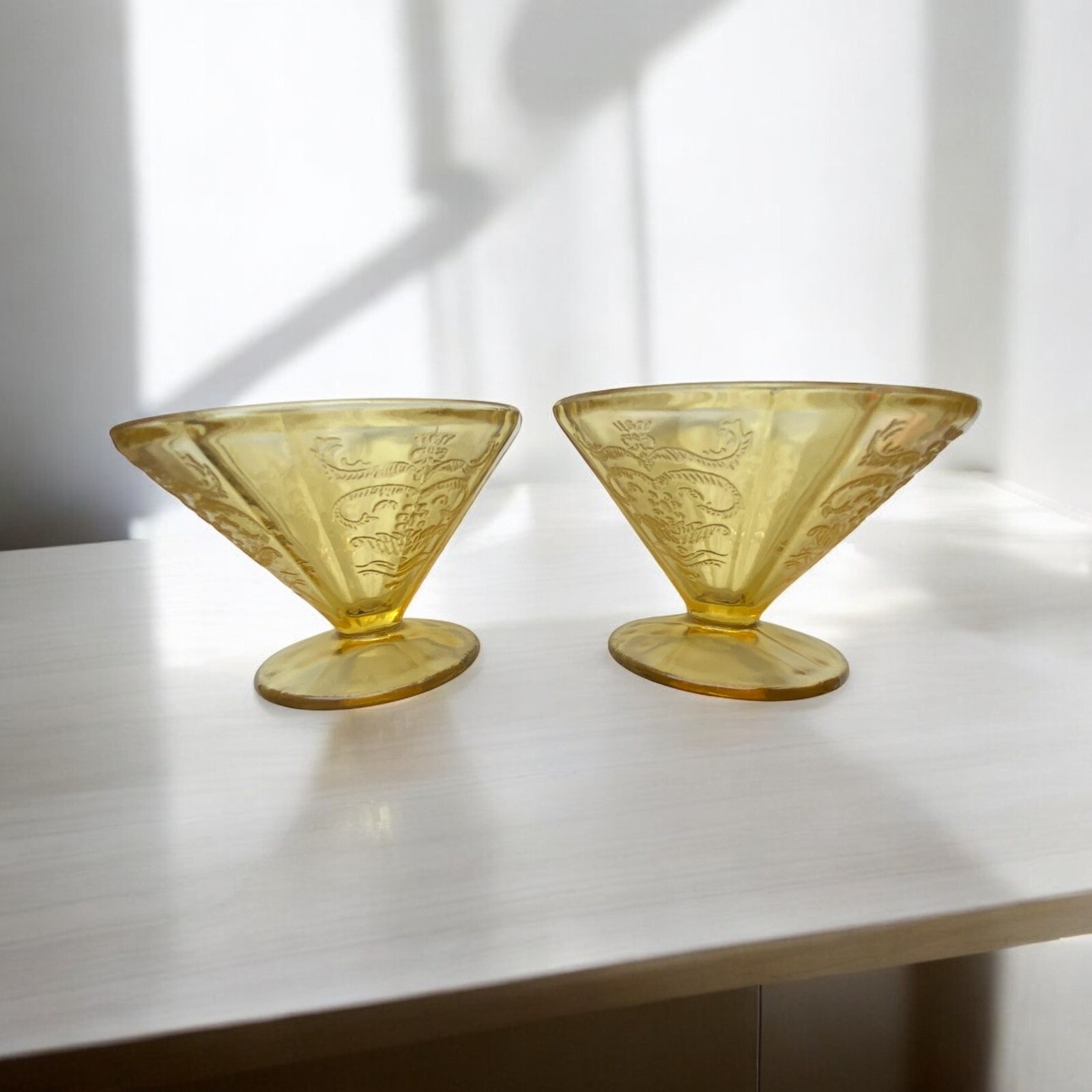 Vintage Federal Madrid Amber Depression Glass Dessert Sherbet Cups Set Of 2