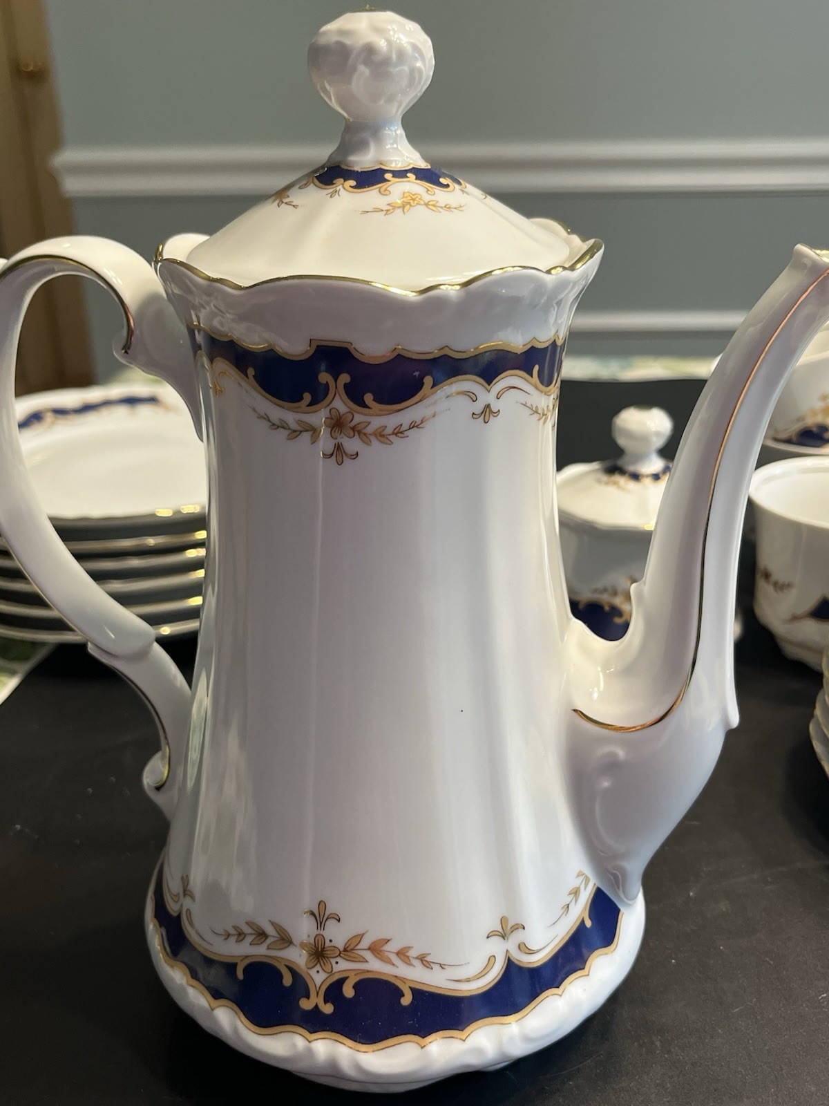 21pc Mitterteich Bavaria Cobalt Blue Gold Trim Coffee Tea Pot Desert Serving Set