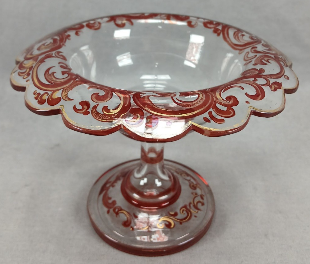 Mid 19th Century Bohemian Ruby Stained & Gold Scrollwork 5 1/8 Inch Compote