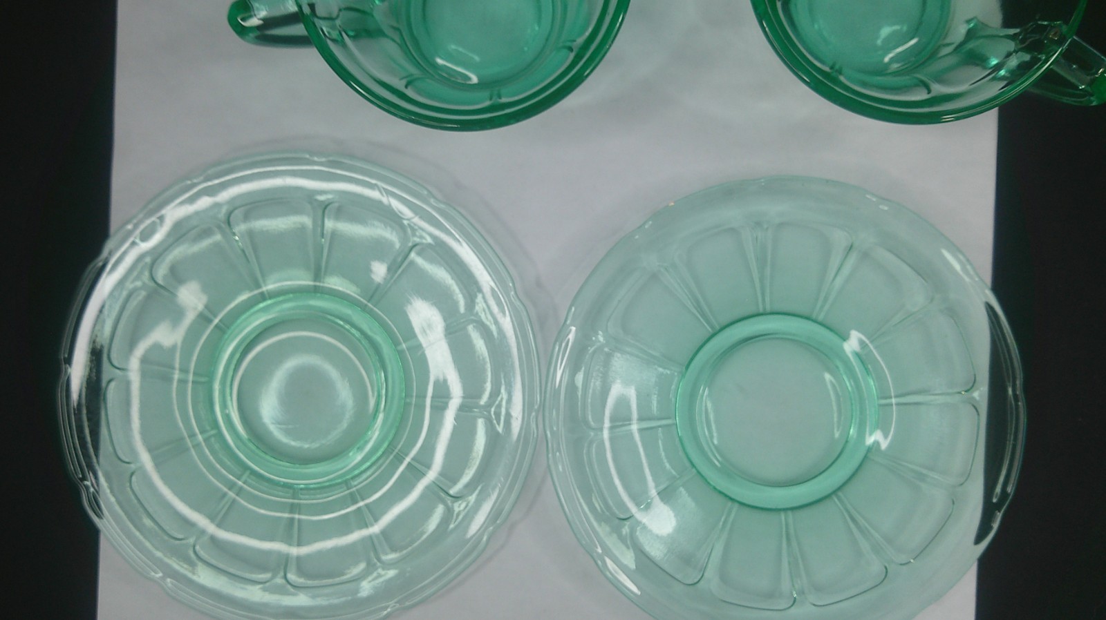 Uranium, Diamond Glass Co, Victory, Green, Cup & Saucer Sets, (2), c 1929, ExCd