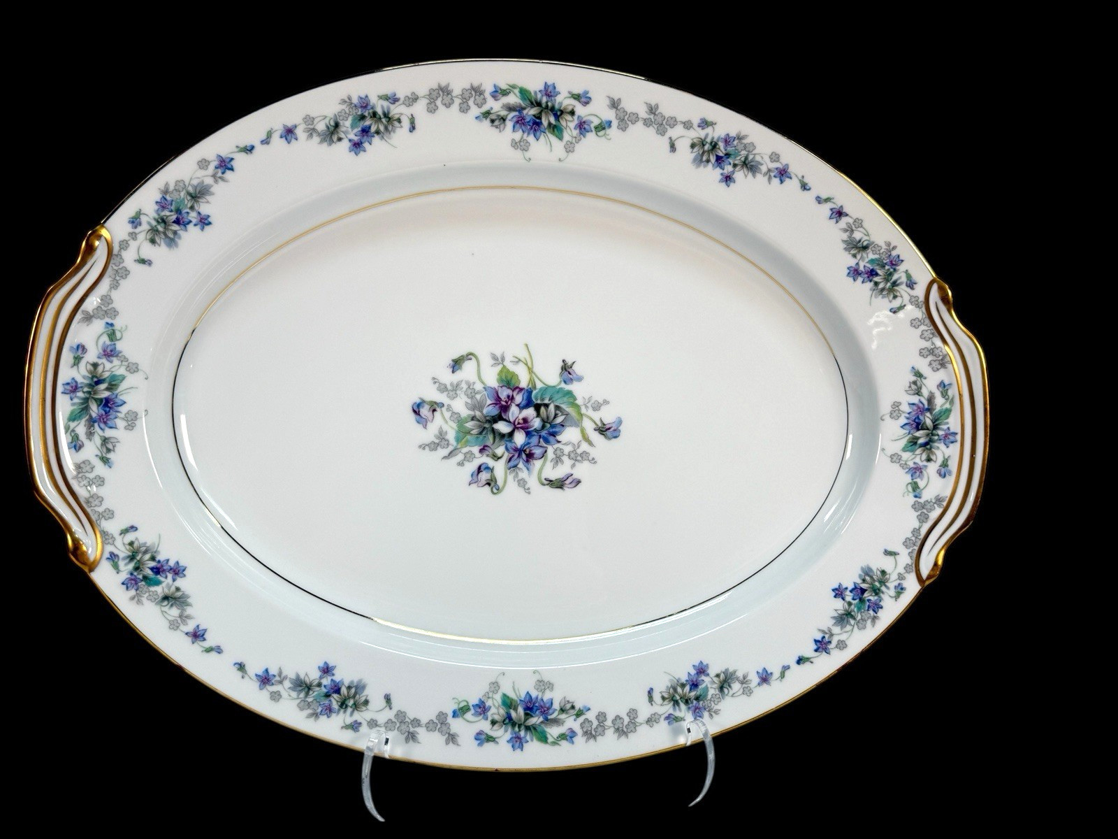 Vintage Noritake Violette 3054 Large 16″ Handled Oval Serving Platter Gold Trim