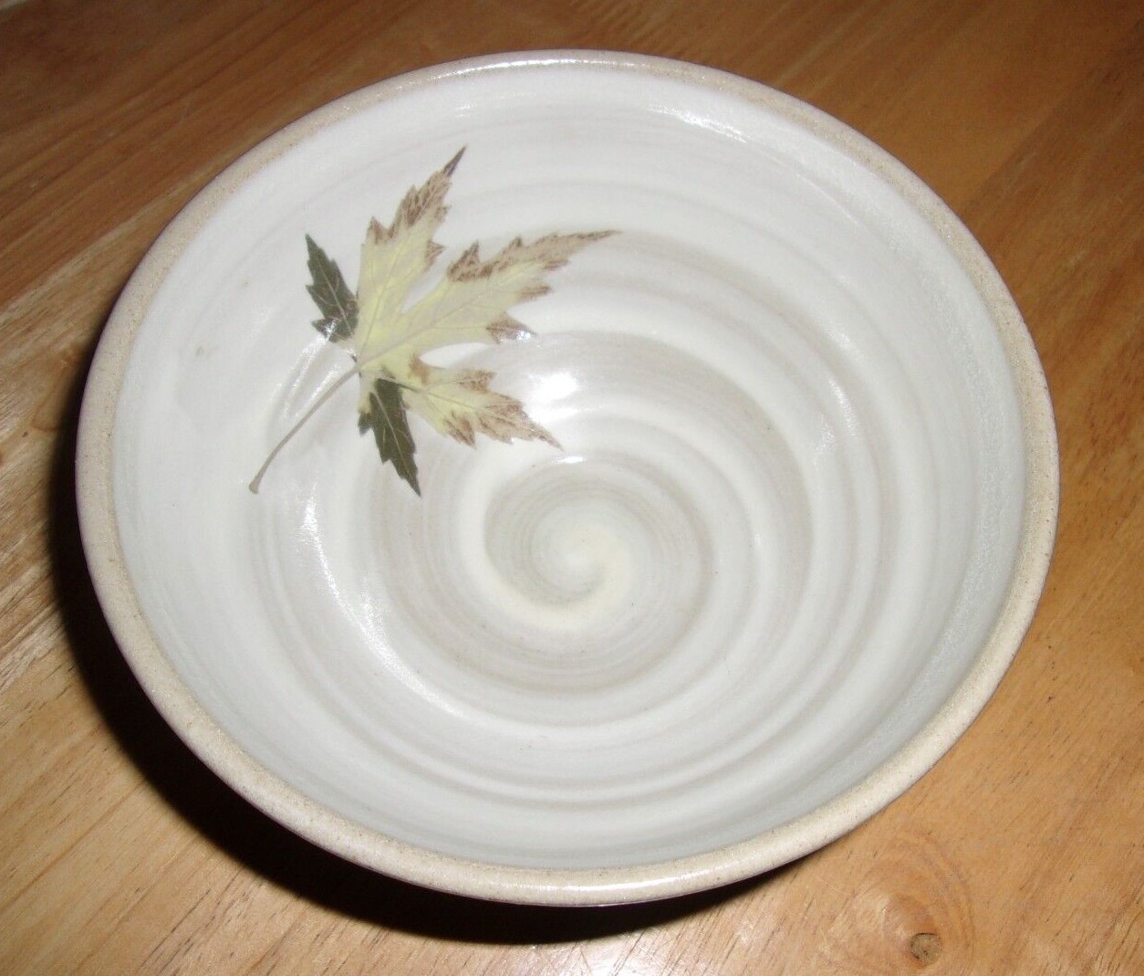 Signed Art Pottery Bowl Blue Gray Drip Glaze Tan Swirl & Leaf Inside