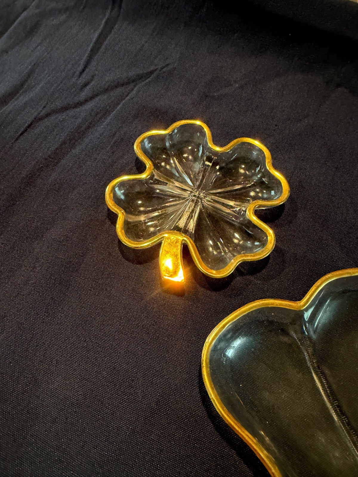 Vintage Jeannette Glass four-leaf clover dishes with 22k gold trim