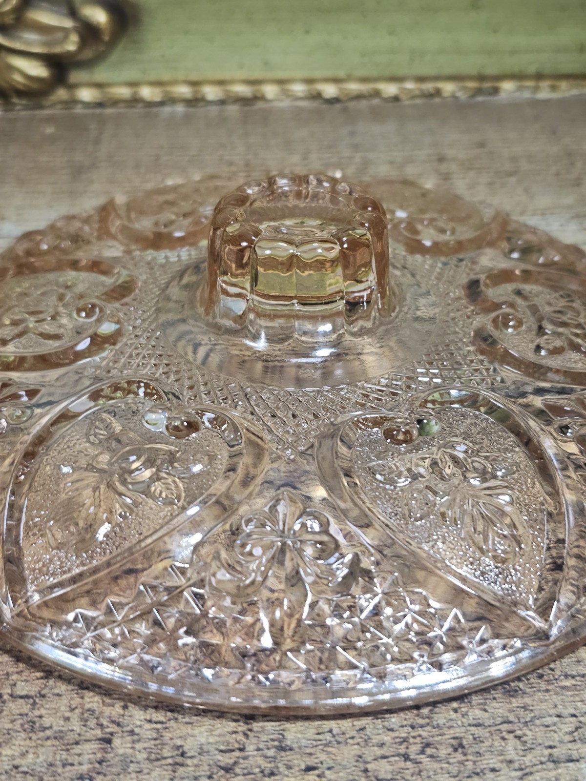 Vtg KIG Malaysia Pink Depression Glass Footed Candy Dish Heart & Rose Pattern