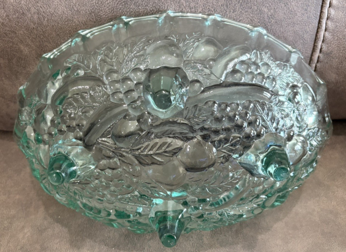 Vintage Glass Harvest Grape & Leaves Green Footed Fruit Bowl 12 in