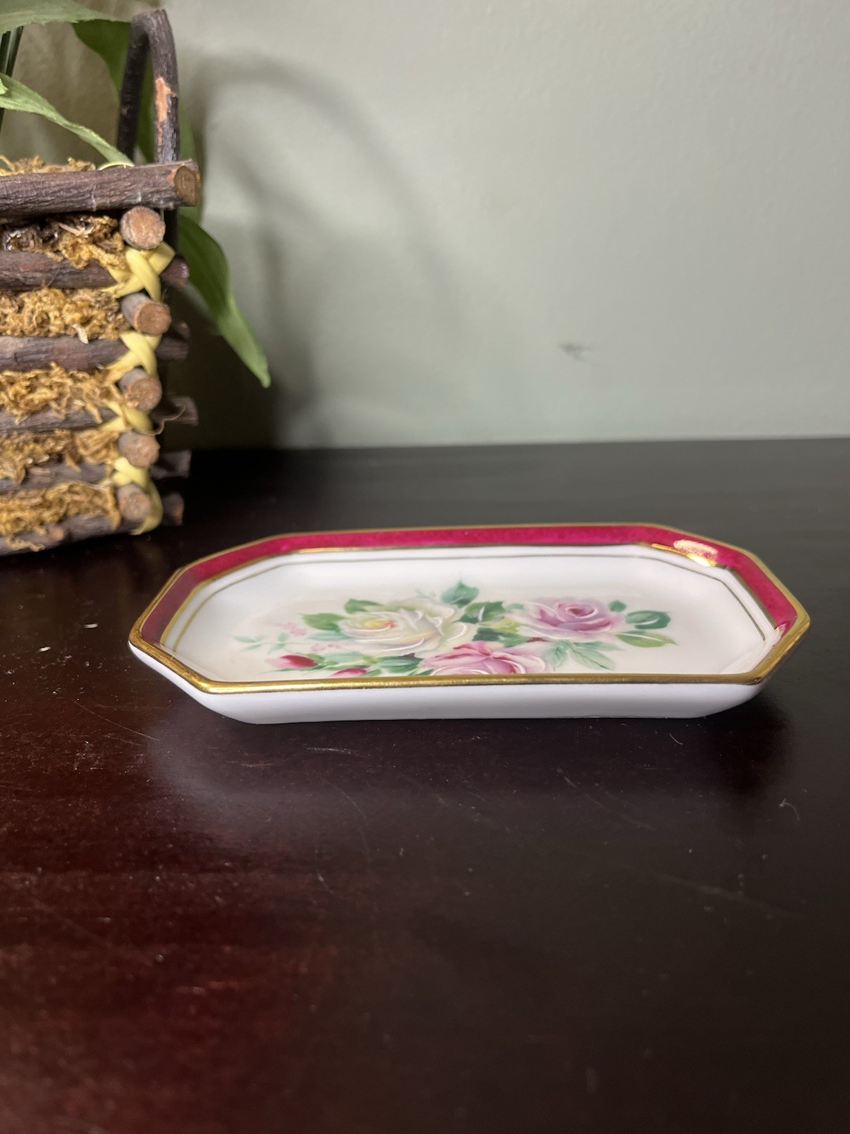 La Reine Limoges France Porcelain Vanity Tray Dish Hand Painted Roses Gold Trim