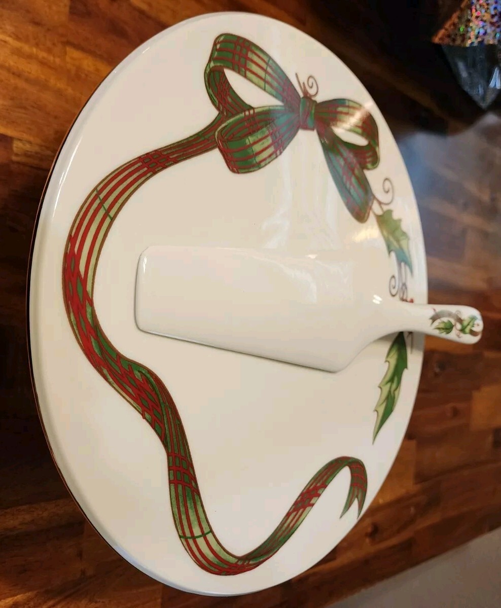 Cake Pie Stand & Server Holly Holiday Home for the Holidays Plaid Ribbon 11″ Rnd