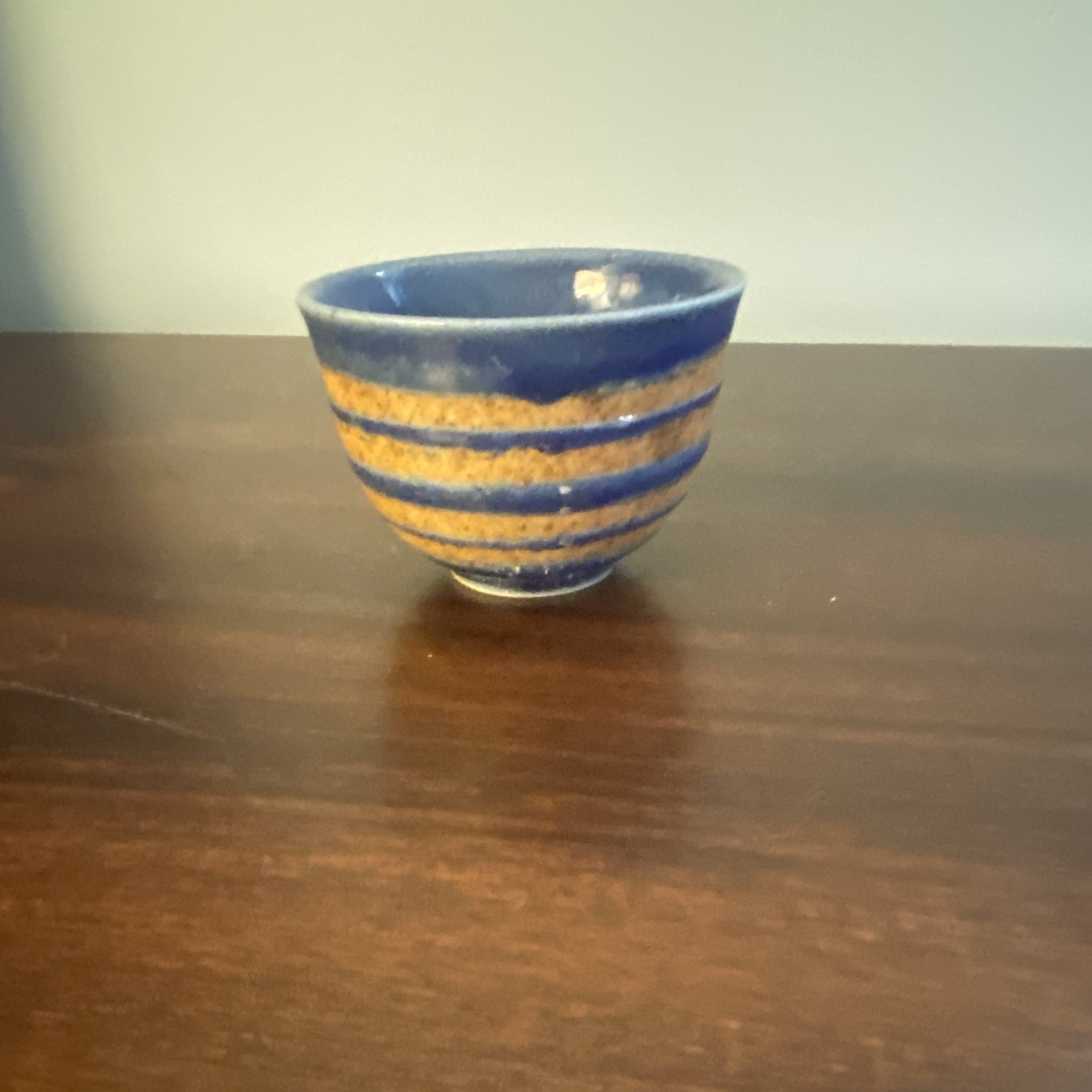Blue & Beige Striped Art Pottery Ceramic Bowl Round Glossy Finish