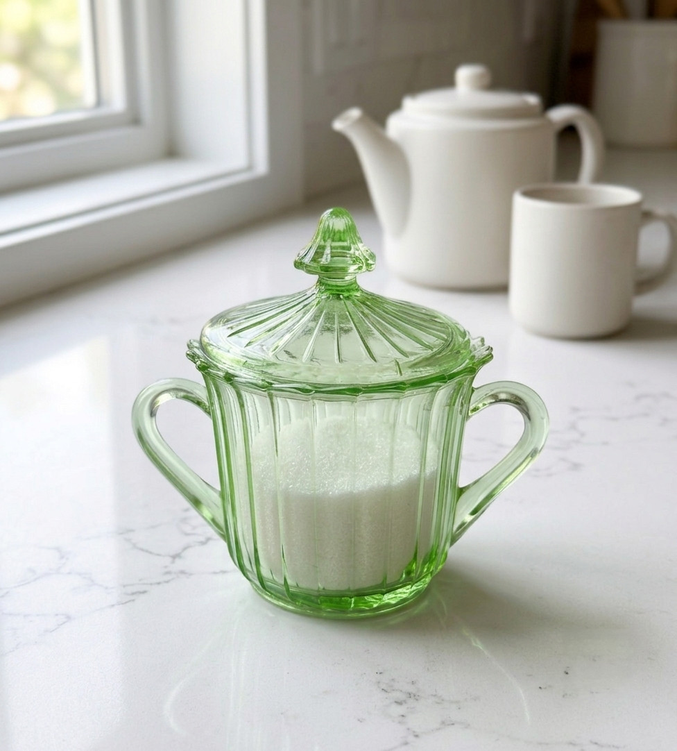 Uranium Jeannette Sierra Green Depression Glass Lidded Sugar Bowl | Pinwheel