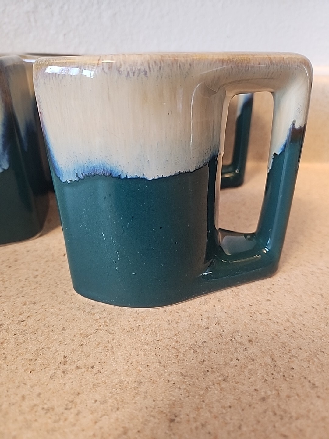 VTG Padilla Signed Stoneware Mugs Blue/Tan Drip Glaze Set of 4 boho