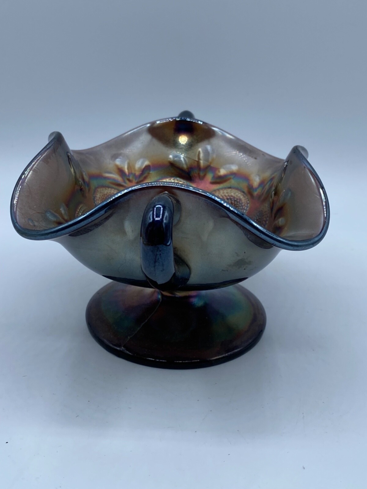 Vintage Amethyst Carnival Glass Two Handled Footed Bonbon Dish 4.5″