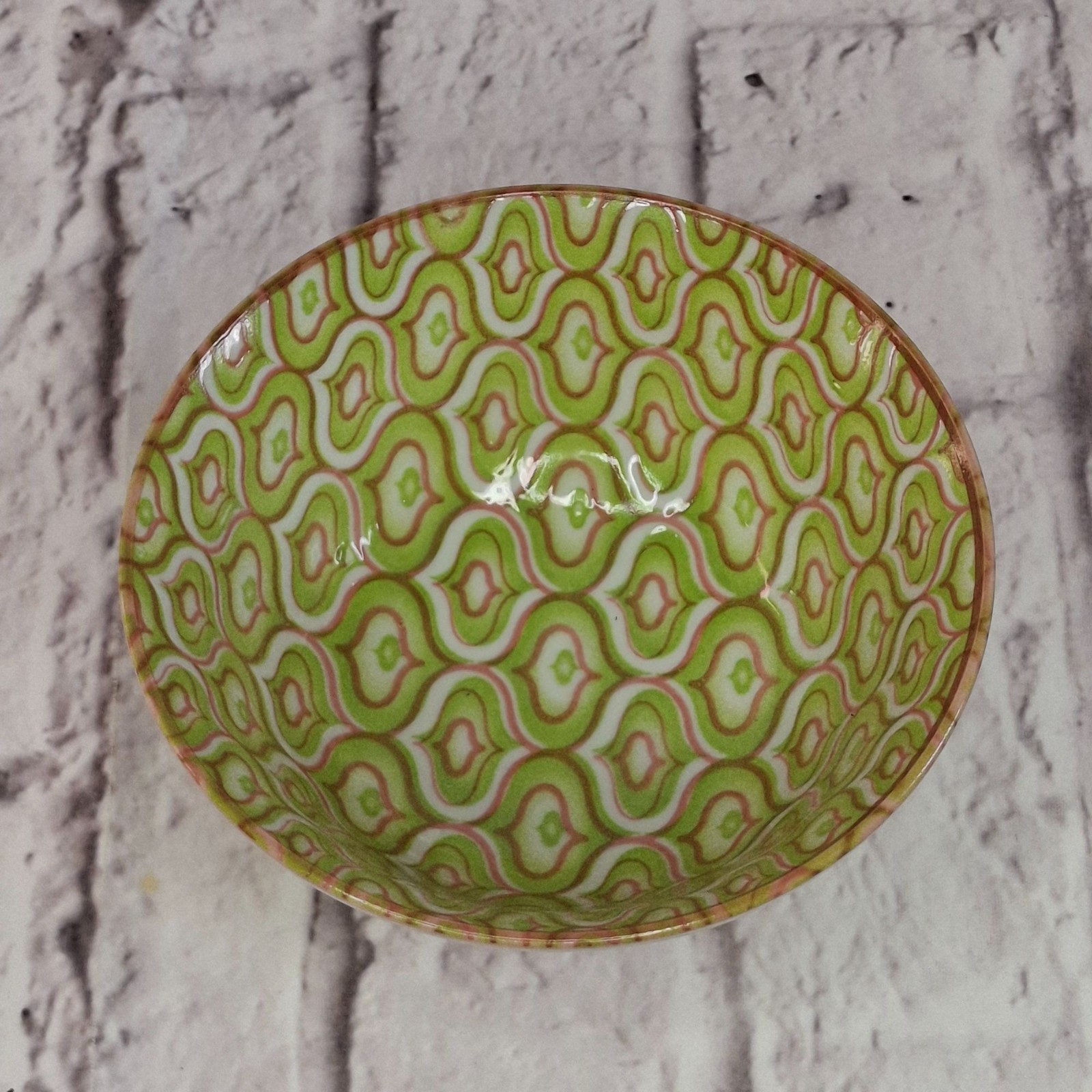 Vintage Yokohama Studio Bowls Green & White Geometric Pattern 5.5″ Made In Japan