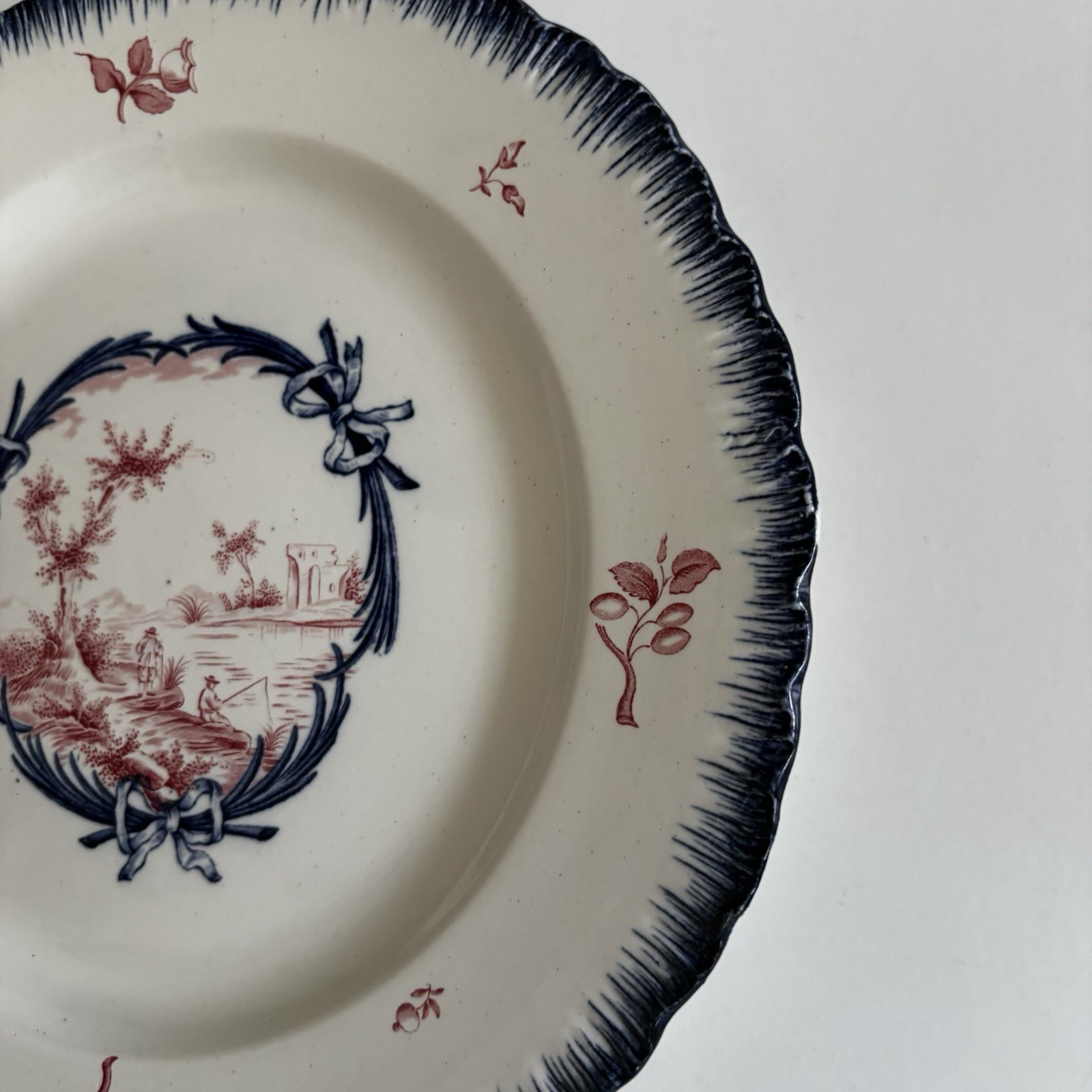Wedgwood Penthievre Etruria England Blue Feather Edge Pink Scene Dinner Plate