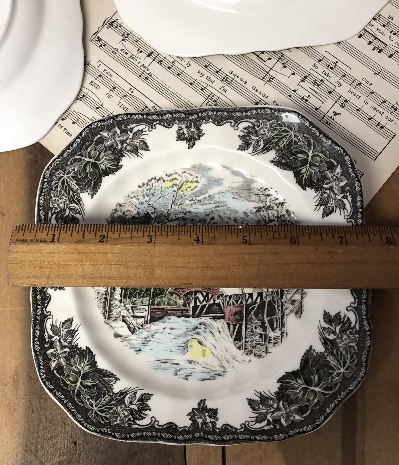 Johnson Bros The Friendly Village 4 Square Salad Plates 7.5″ Covered Bridge 1883