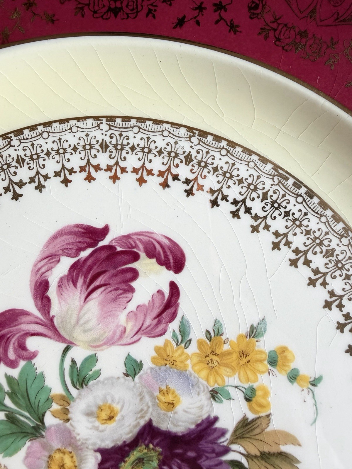 Vtg Steubenville China Dinner Plate Decorative Floral Design, Red & Gold Border