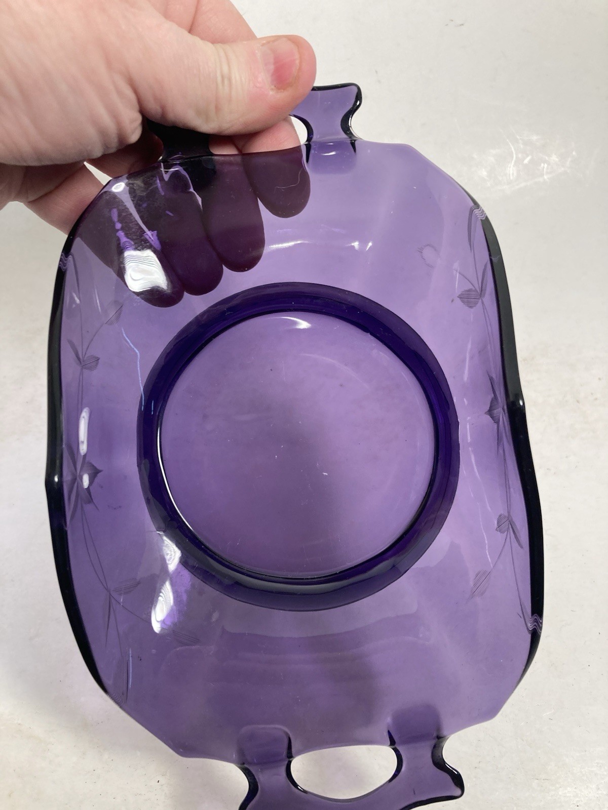 Vintage irradiated purple Glass candy Dish, Server, condiment, etched floral