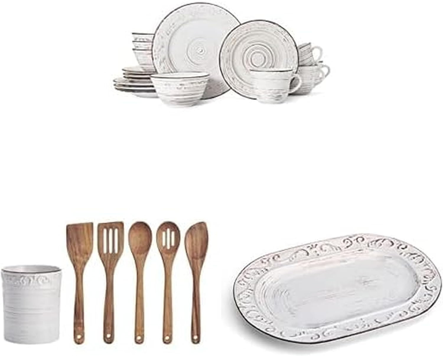 Elegant Trellis 16-Piece Dinnerware Set with Serving Platter – White