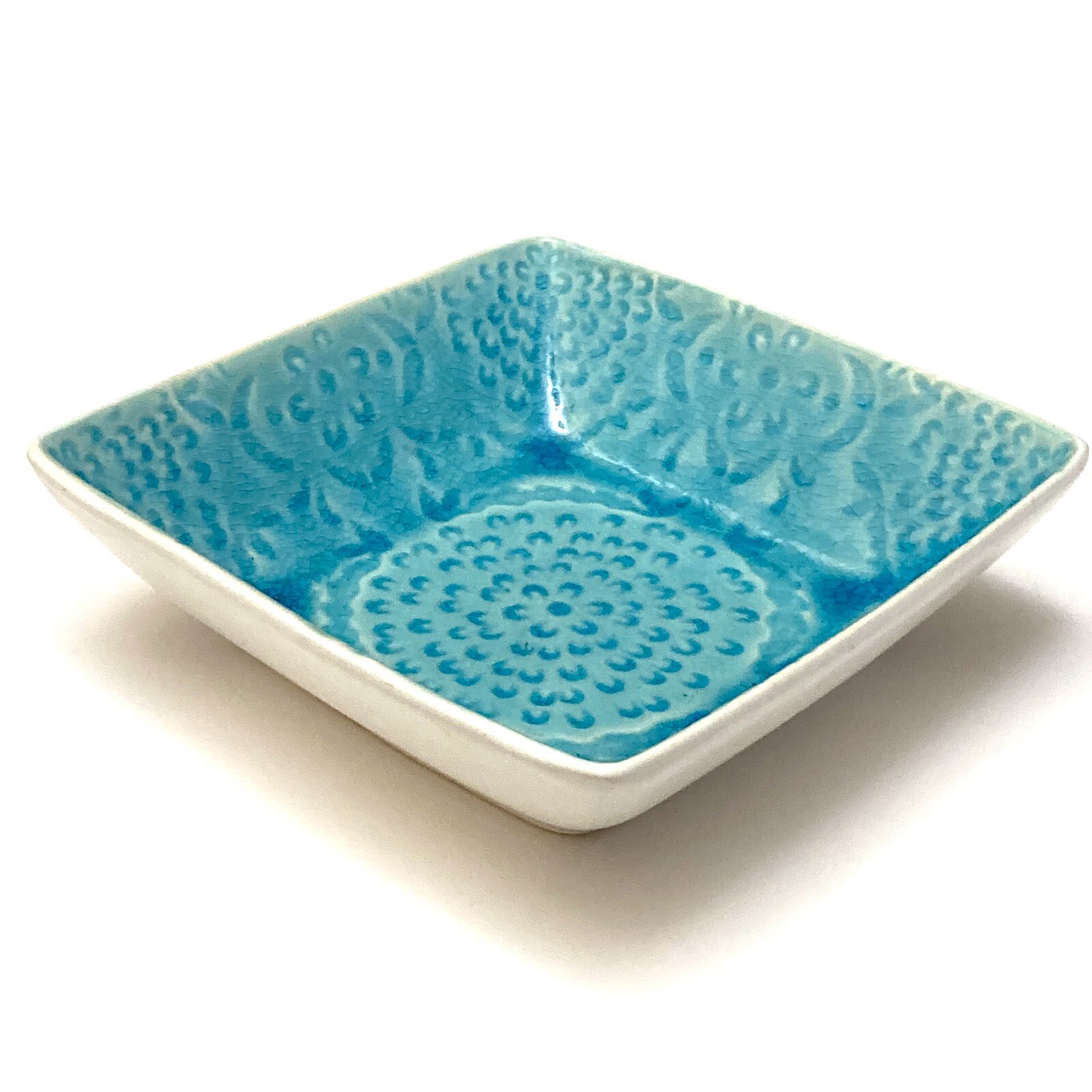 ROSCHER Turquoise Blue Crackle Floral Embossed Pomegranate Square Bowl 6.75″