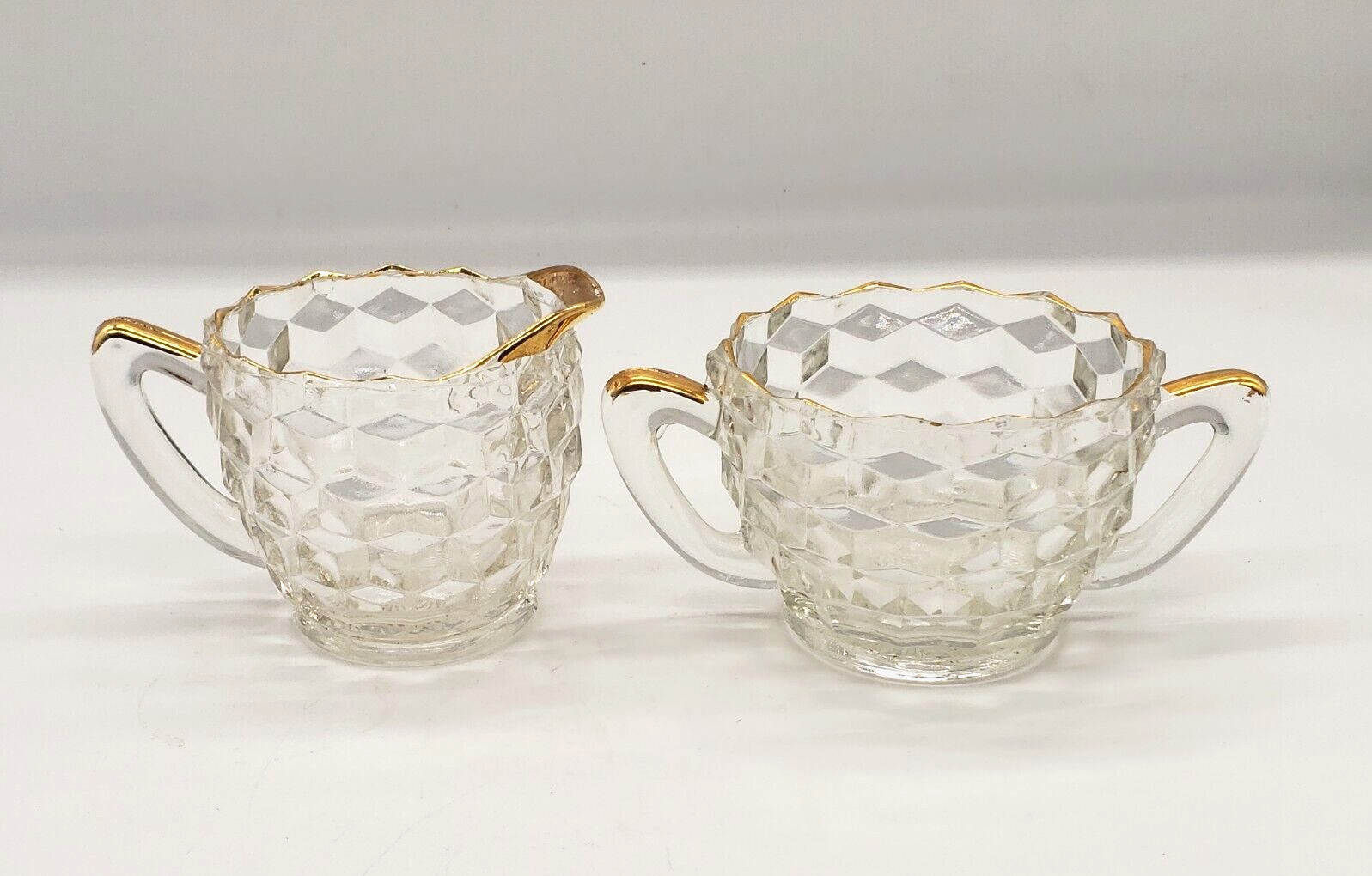 Vintage Depression Clear Glass- Cubist Pattern Sugar Bowl and Creamer gold trim