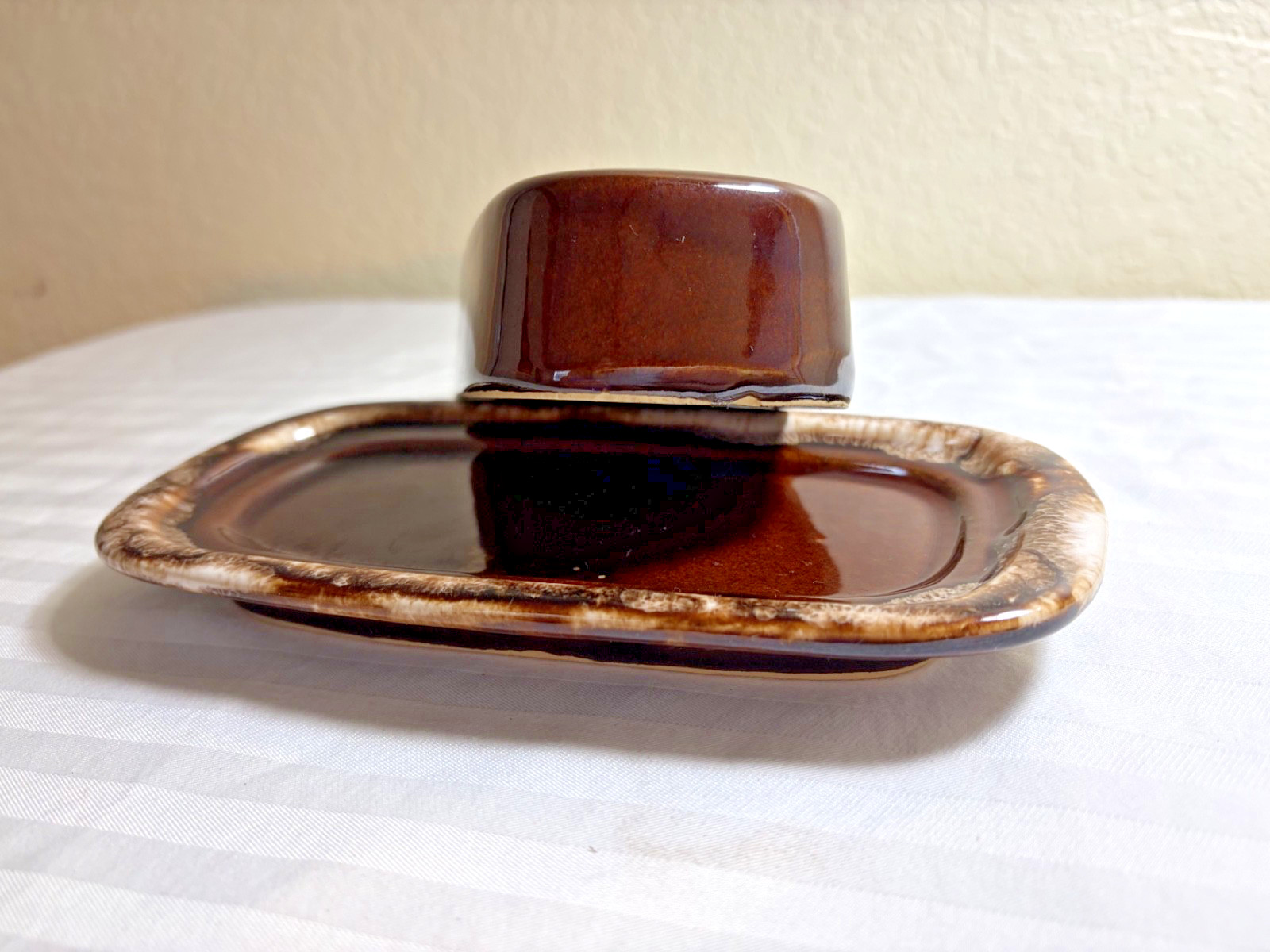 Vintage Brown Drip Glaze Ceramic Covered Butter Dish