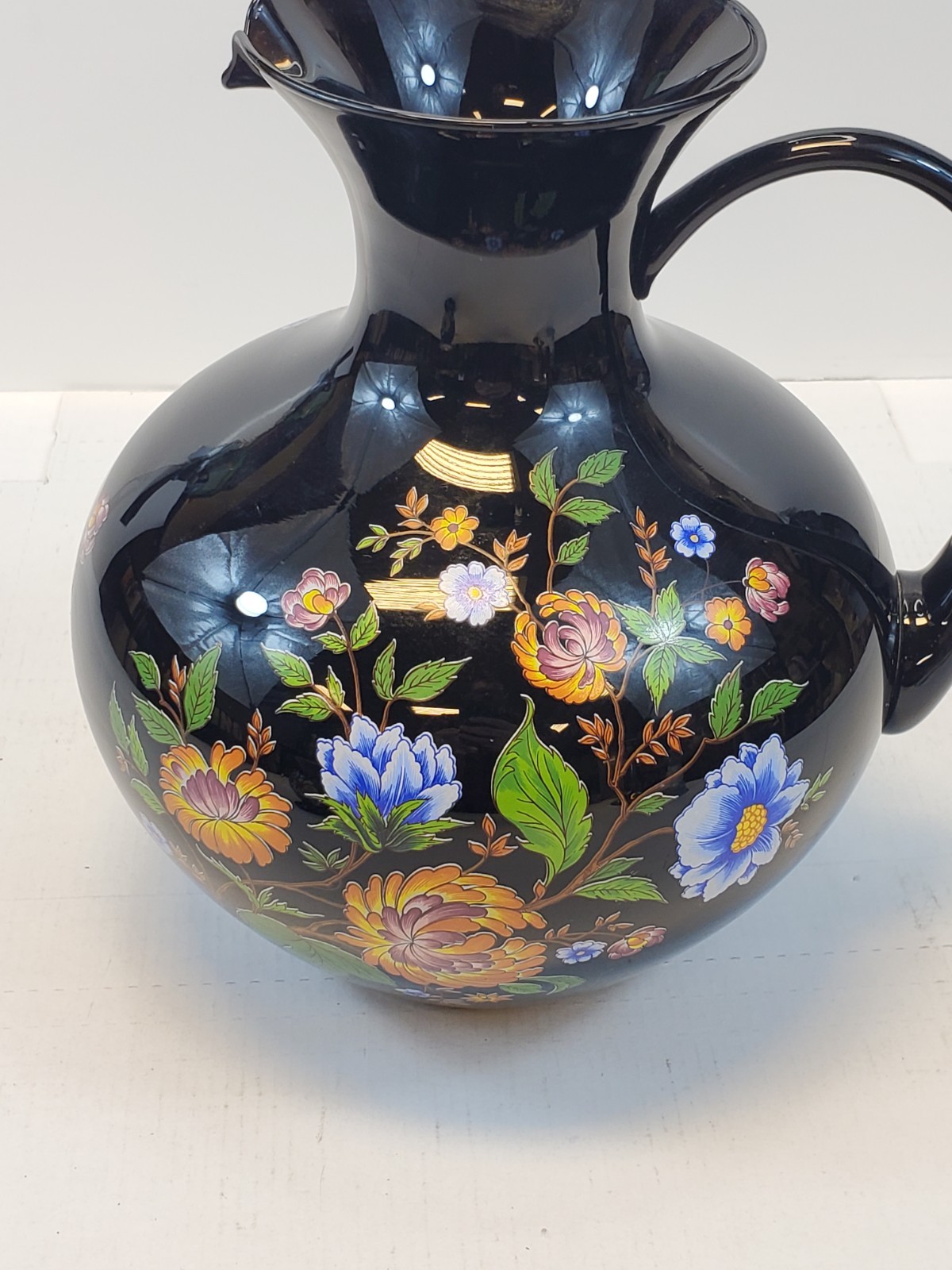 Italian Pitcher Home Decor 9.5” Tall Vintage Black Floral By Ardalt