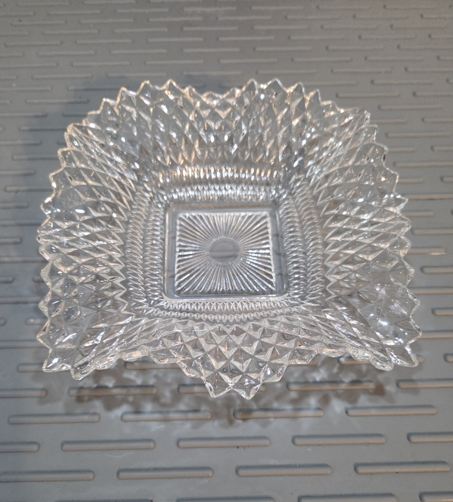 Vintage Indiana Glass Co. clear diamond point square ruffled candy dish.