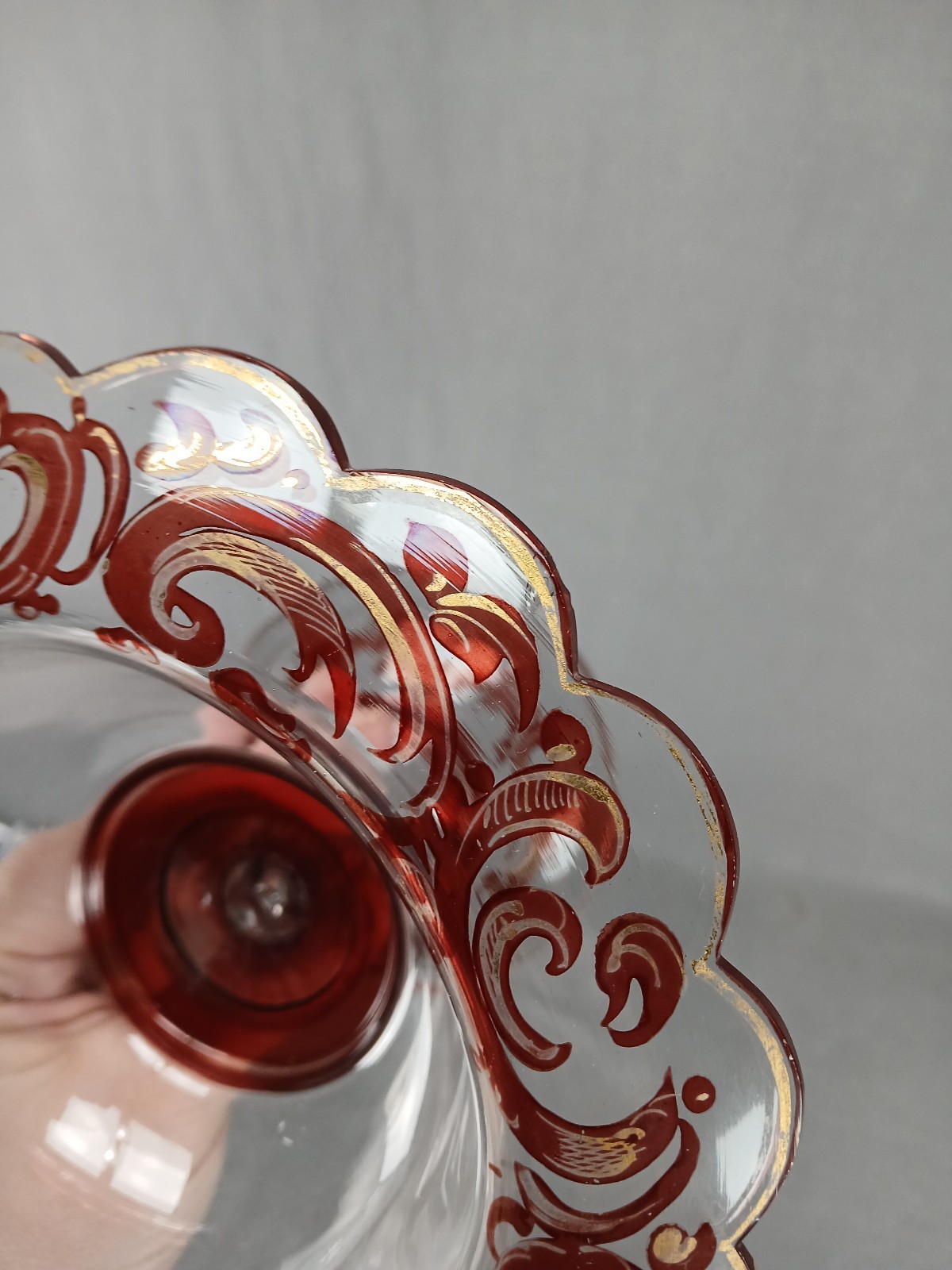 Mid 19th Century Bohemian Ruby Stained & Gold Scrollwork 5 1/8 Inch Compote