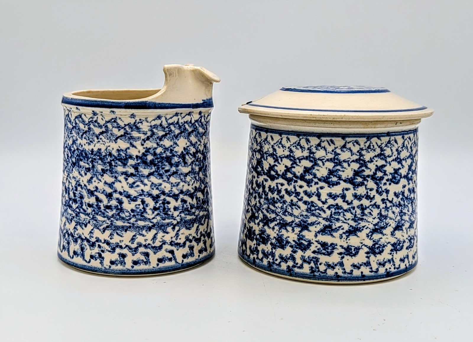 Signed Studio Pottery Blue Spongeware Creamer & Covered Sugar Bowl Stoneware