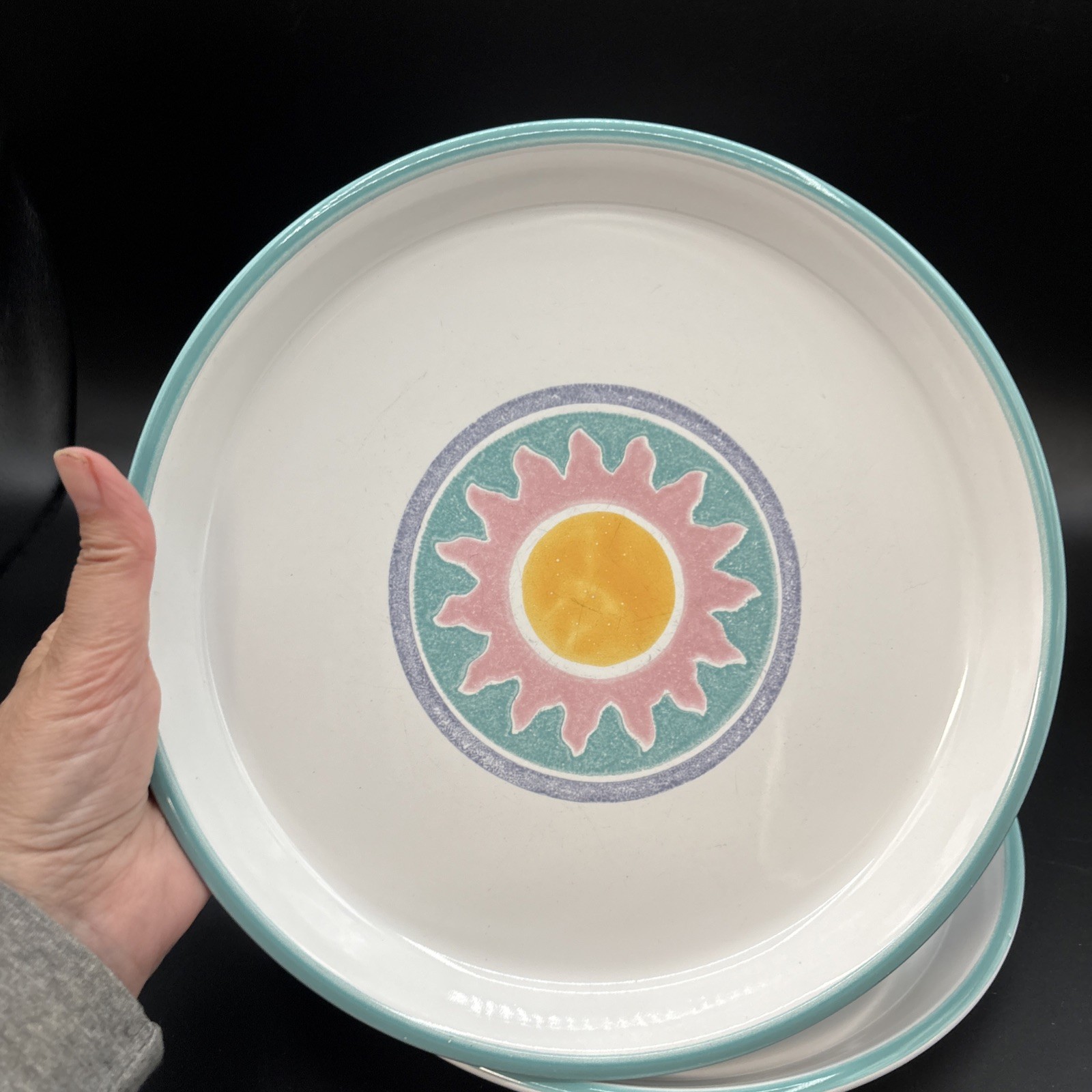 Set Of 5 Dansk Japan COSTA DEL SOL Dinner Plates 10 3/8″ Pink & Yellow Sunburst