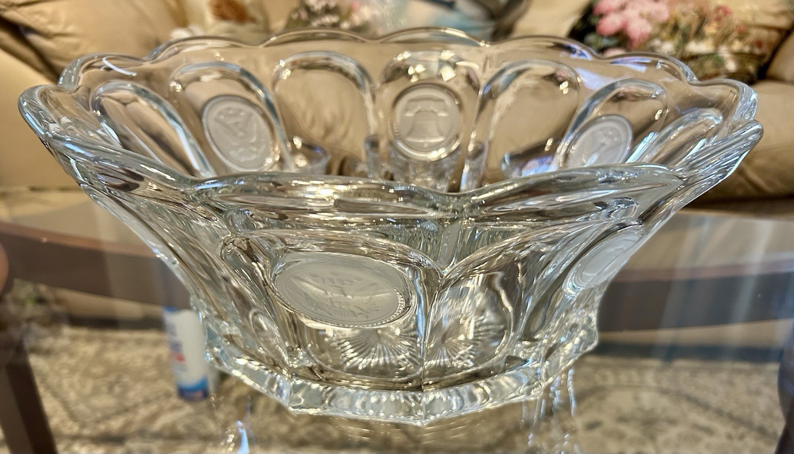 Vintage Fostoria Coin Clear Glass Punch Bowl Set – 14.5” Bowl With 3 Cups Mugs