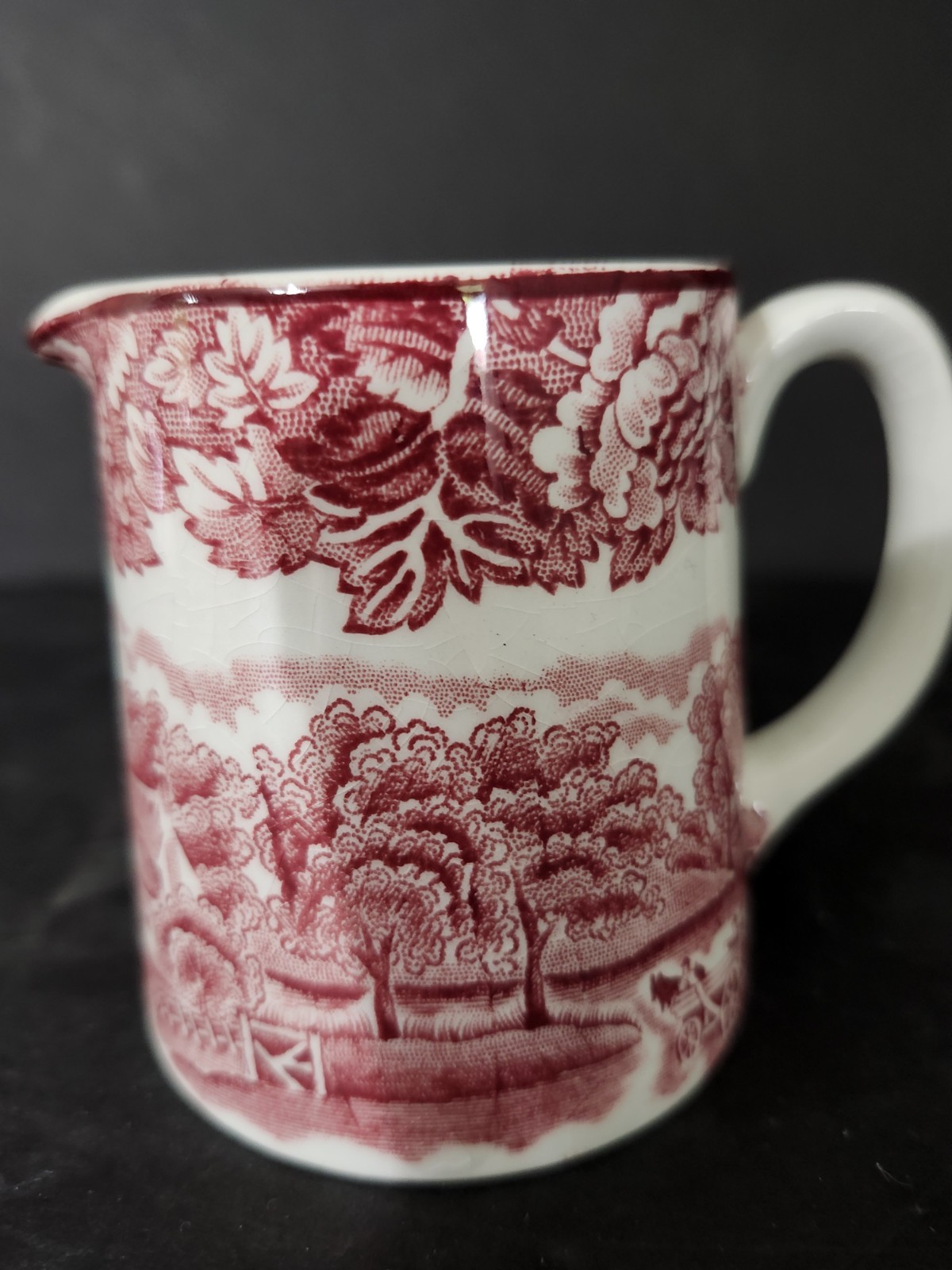 Woods & Sons Farm Scene Red Transferware Pitcher 3″ Tall